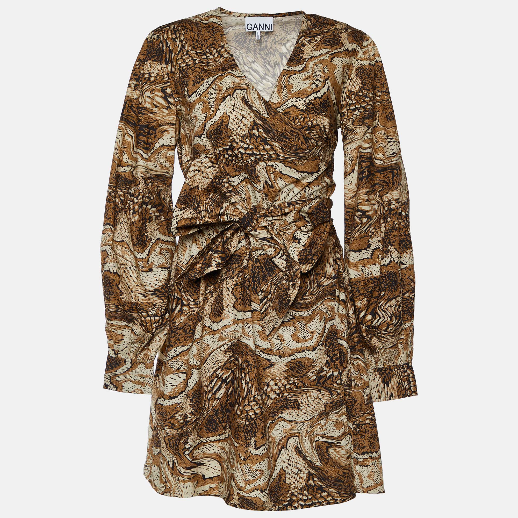 Ganni Brown Abstract Print Poplin Wrap Dress
