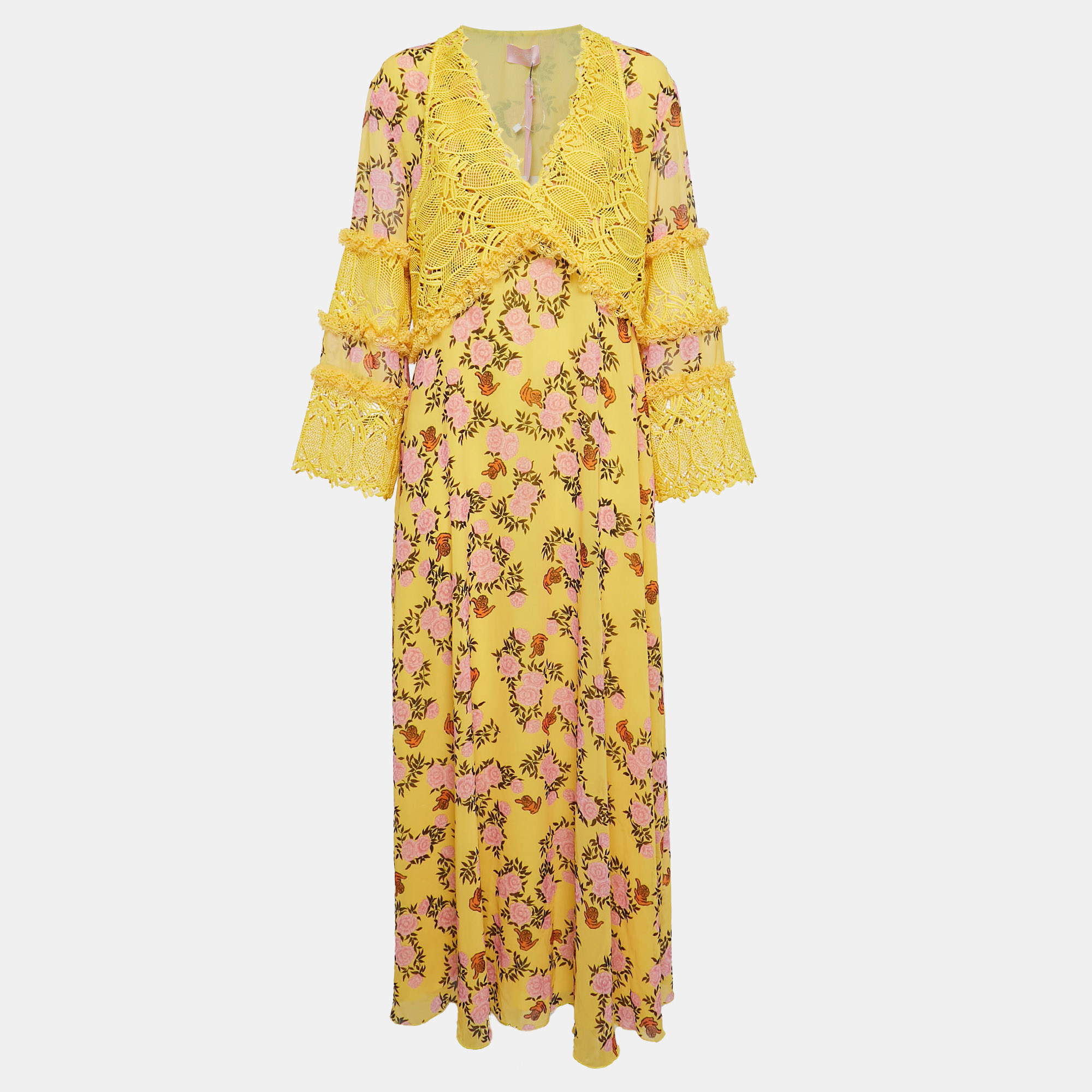 Giamba Yellow Floral Print Chiffon and Lace Cut-Out Maxi Dress