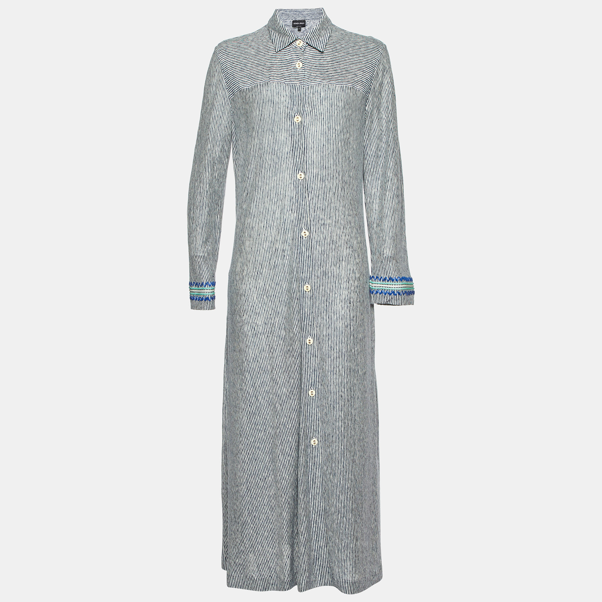 Giorgio Armani Navy BlueWhite Linen and Cotton Knit Long Shirt Dress