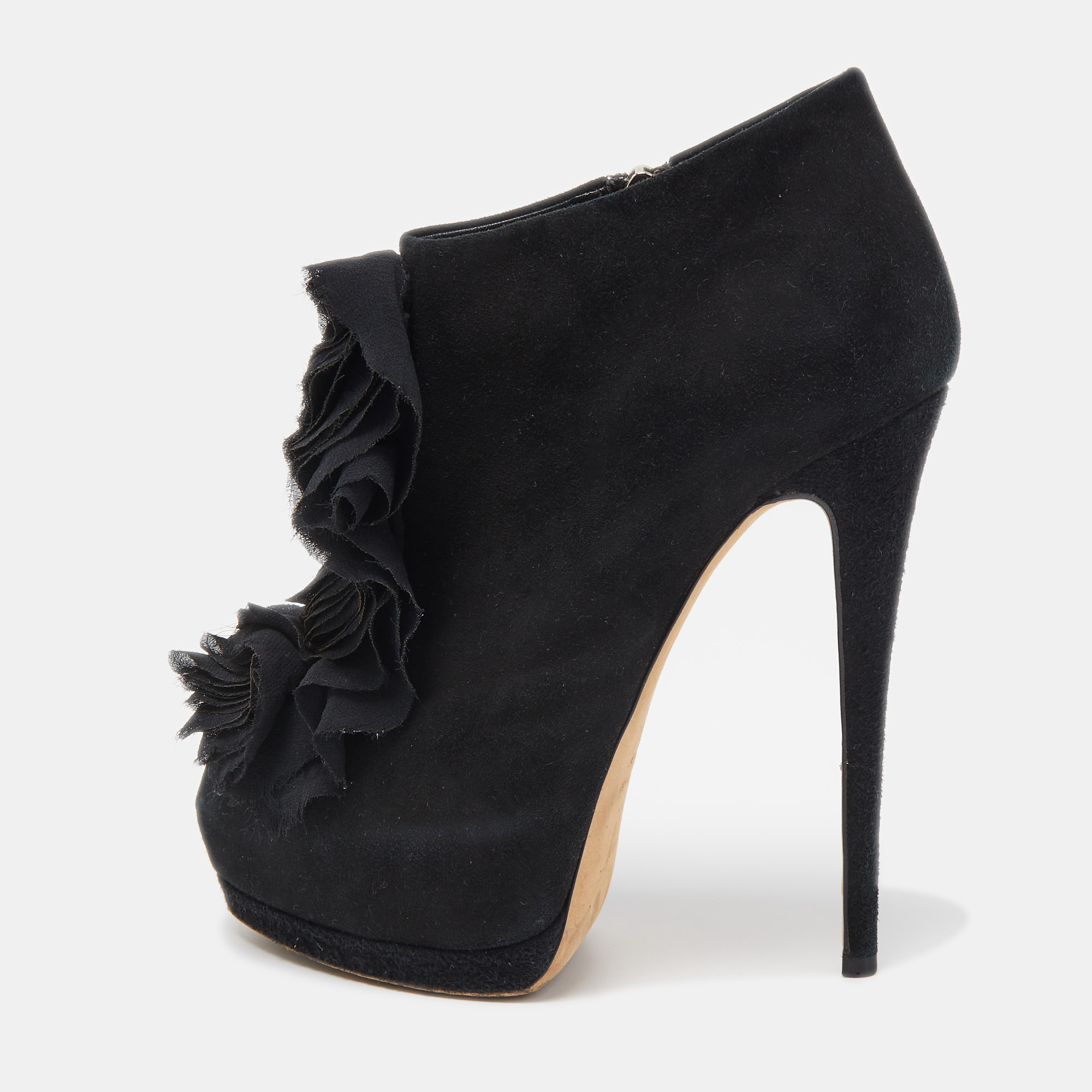 Giuseppe Zanotti Black Suede Frill Peep Toe Ankle Boots