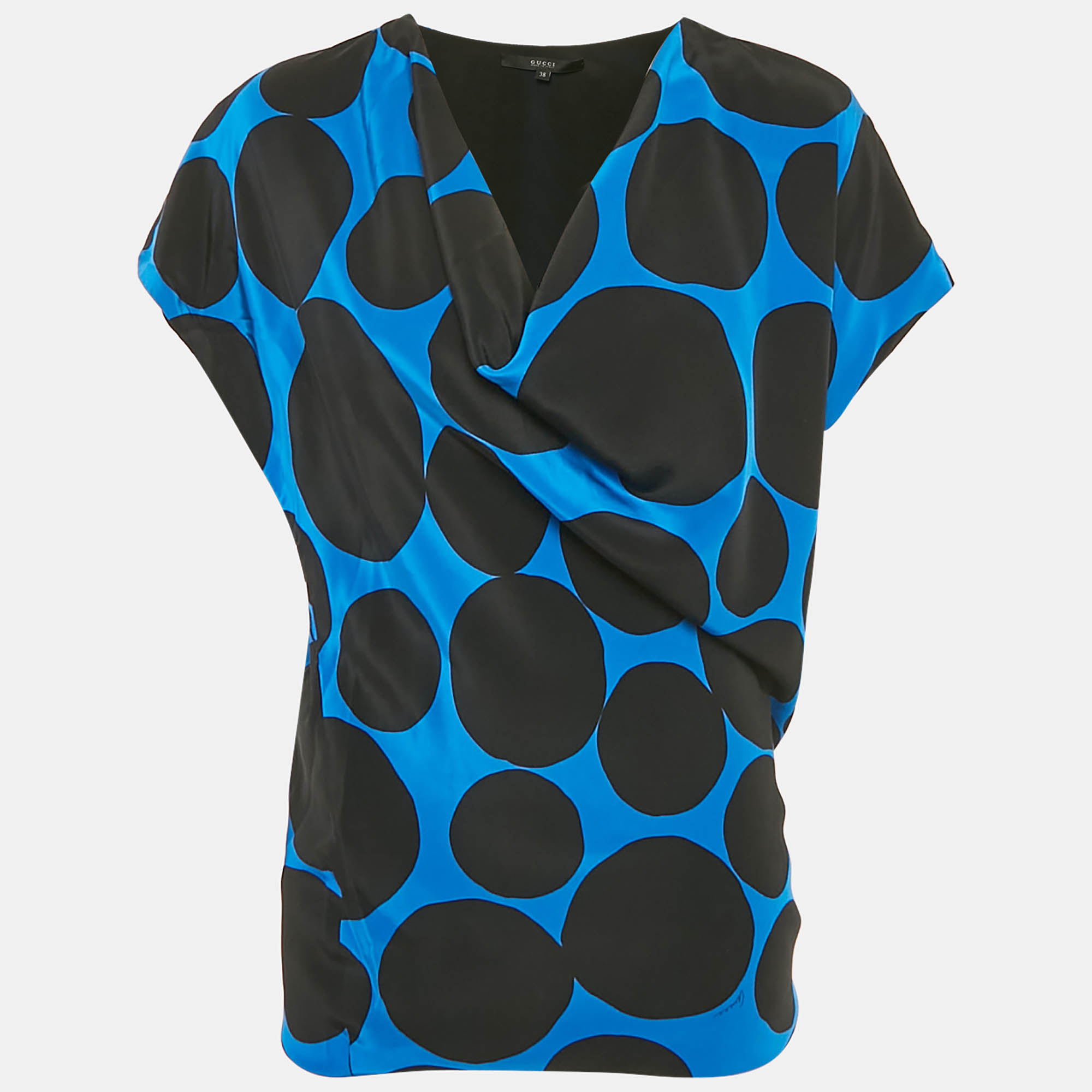 Gucci BlueBlack Polka Dots Silk Cowl Neck Mini Dress