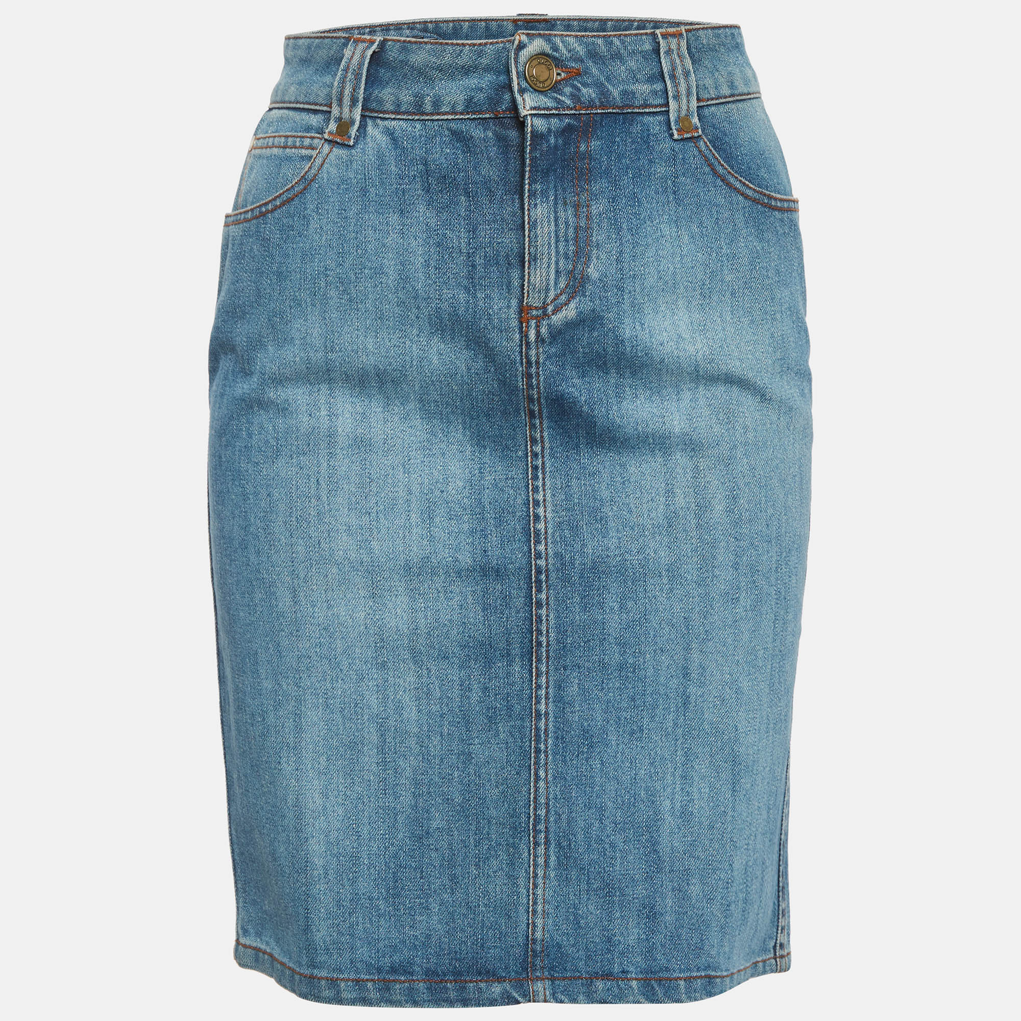 Gucci Blue GG Floral Embroidered Denim Pencil Skirt