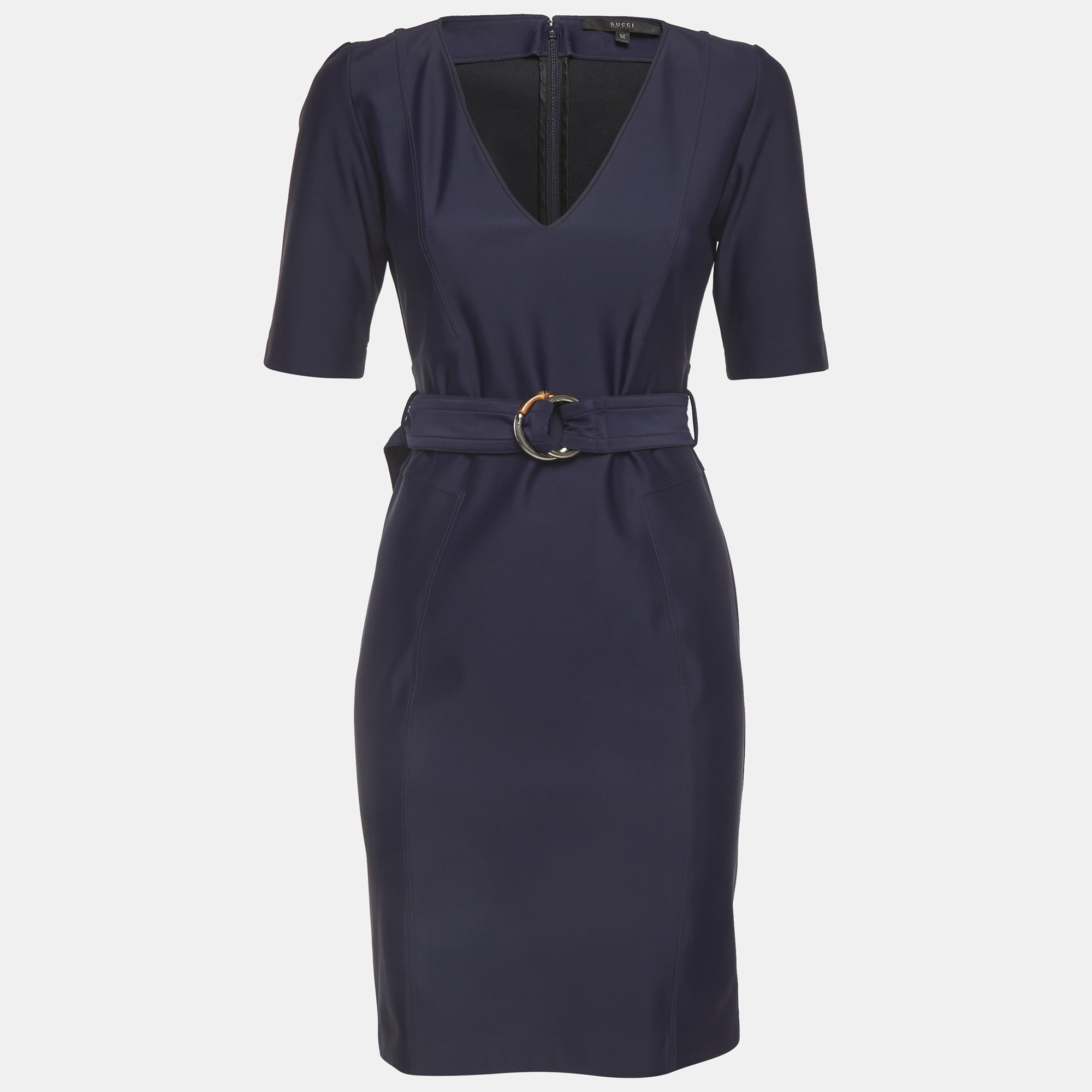 Gucci Navy Blue Stretch Knit Belted Mini Dress