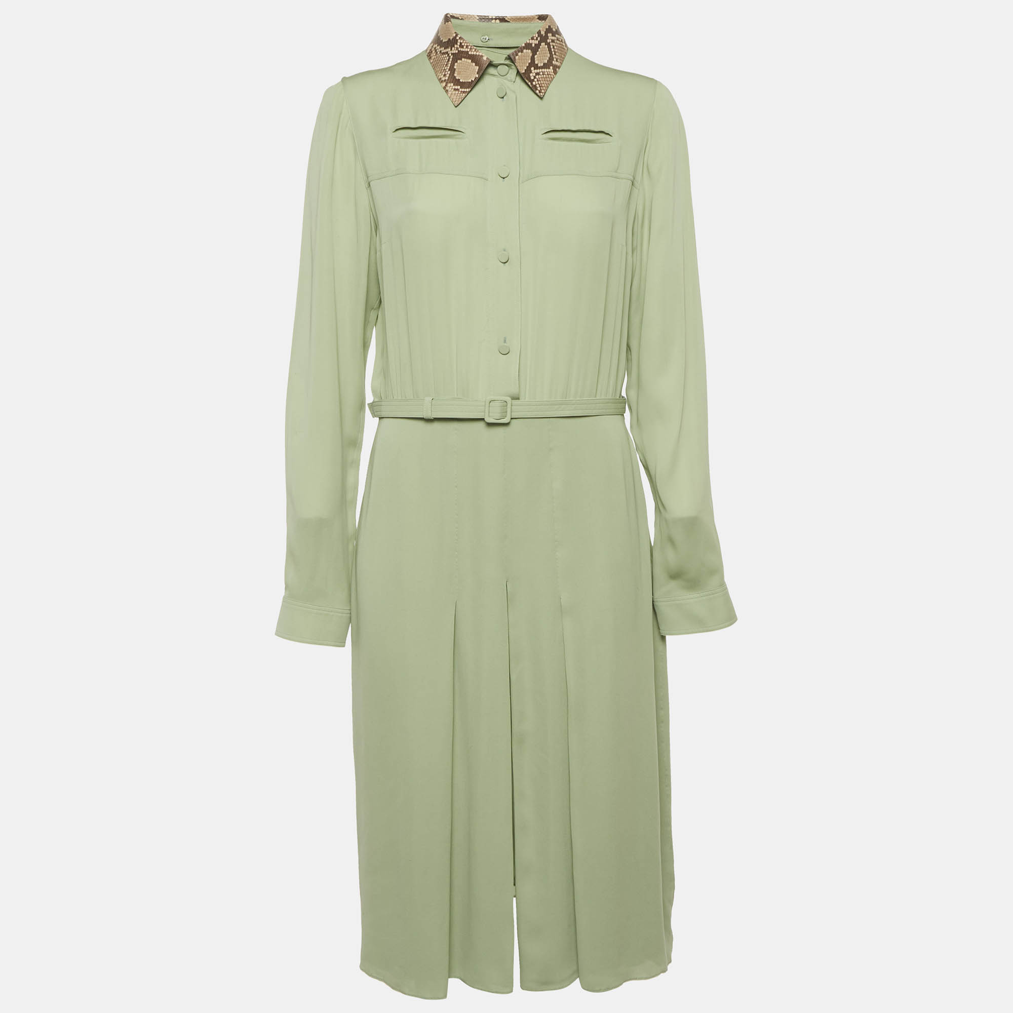Gucci Green Leather Trim Silk Midi Dress