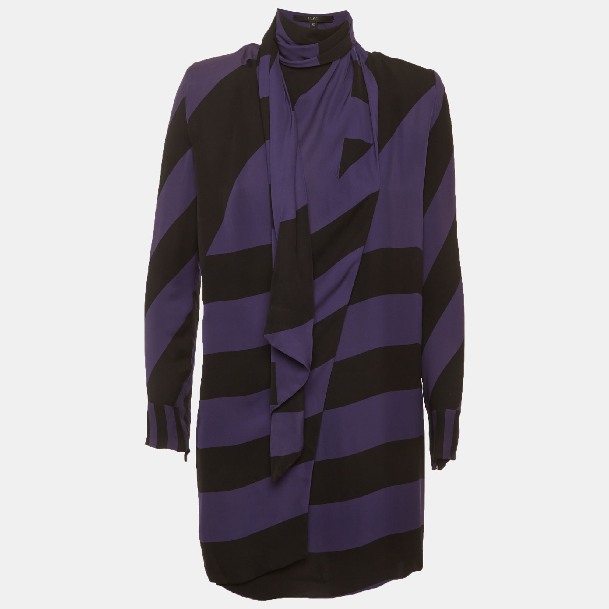Gucci PurpleBlack Striped Silk Blend Wrap Over Mini Dress