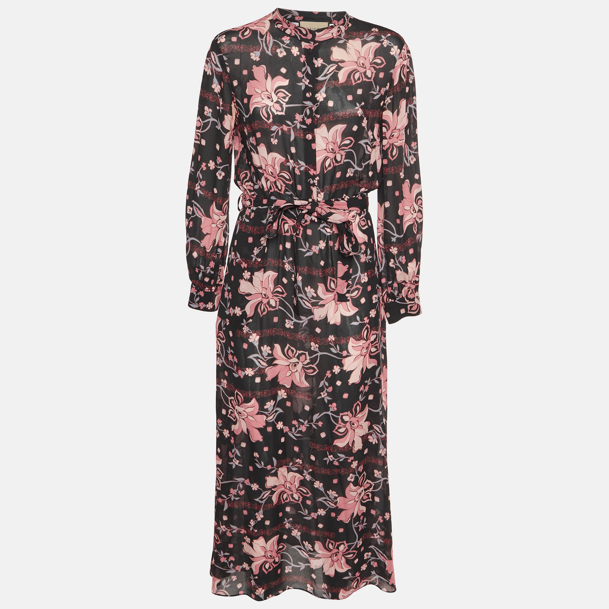 Gucci Black Floral Print Crepe Belted Maxi Dress