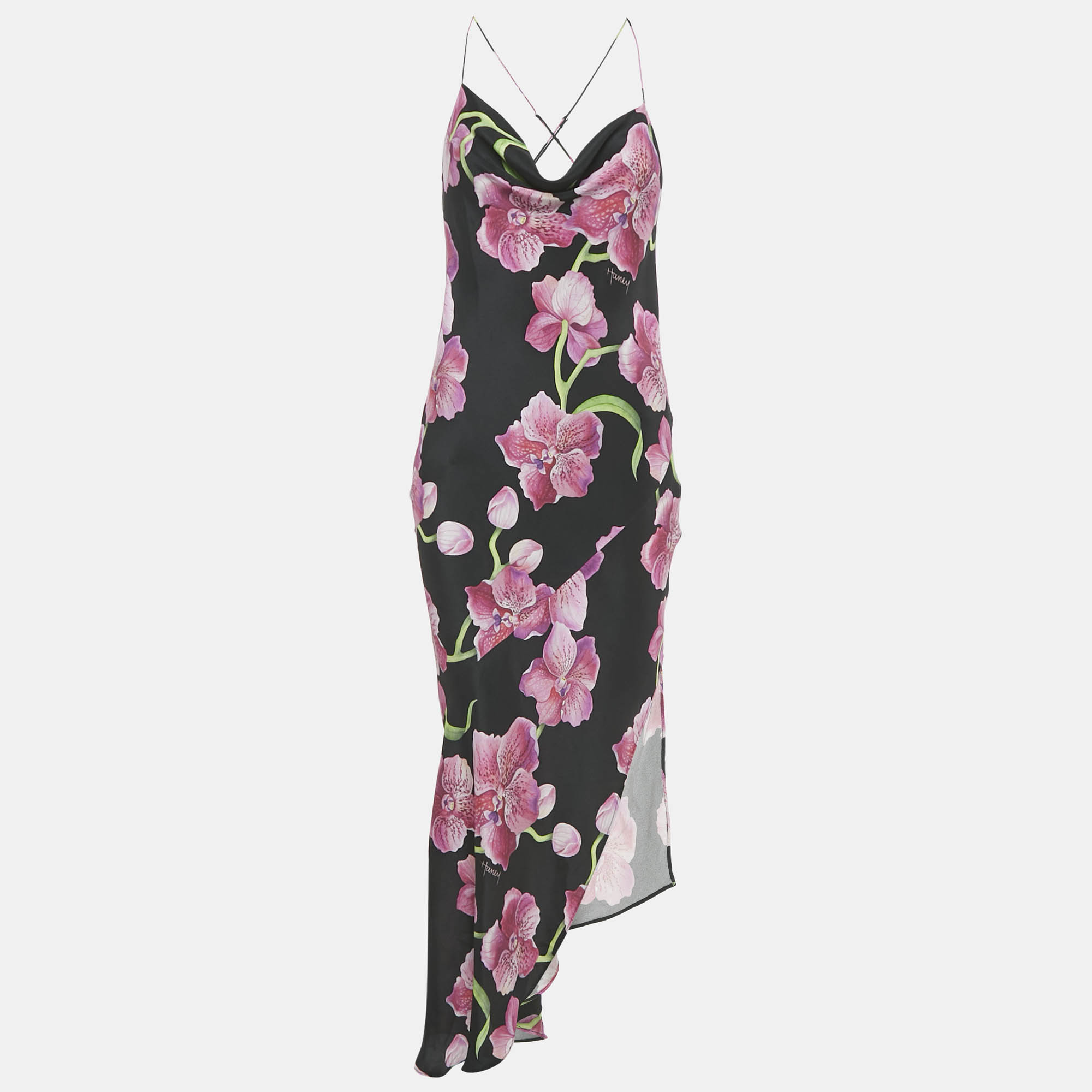 Haney Black Floral Print Silk Cowl Neck Slip Dress