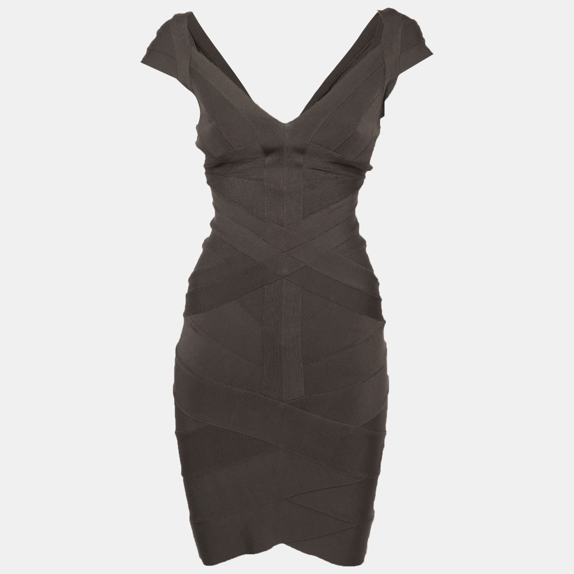 Herve Leger Grey Stretch Knit Bandage Mini Dress
