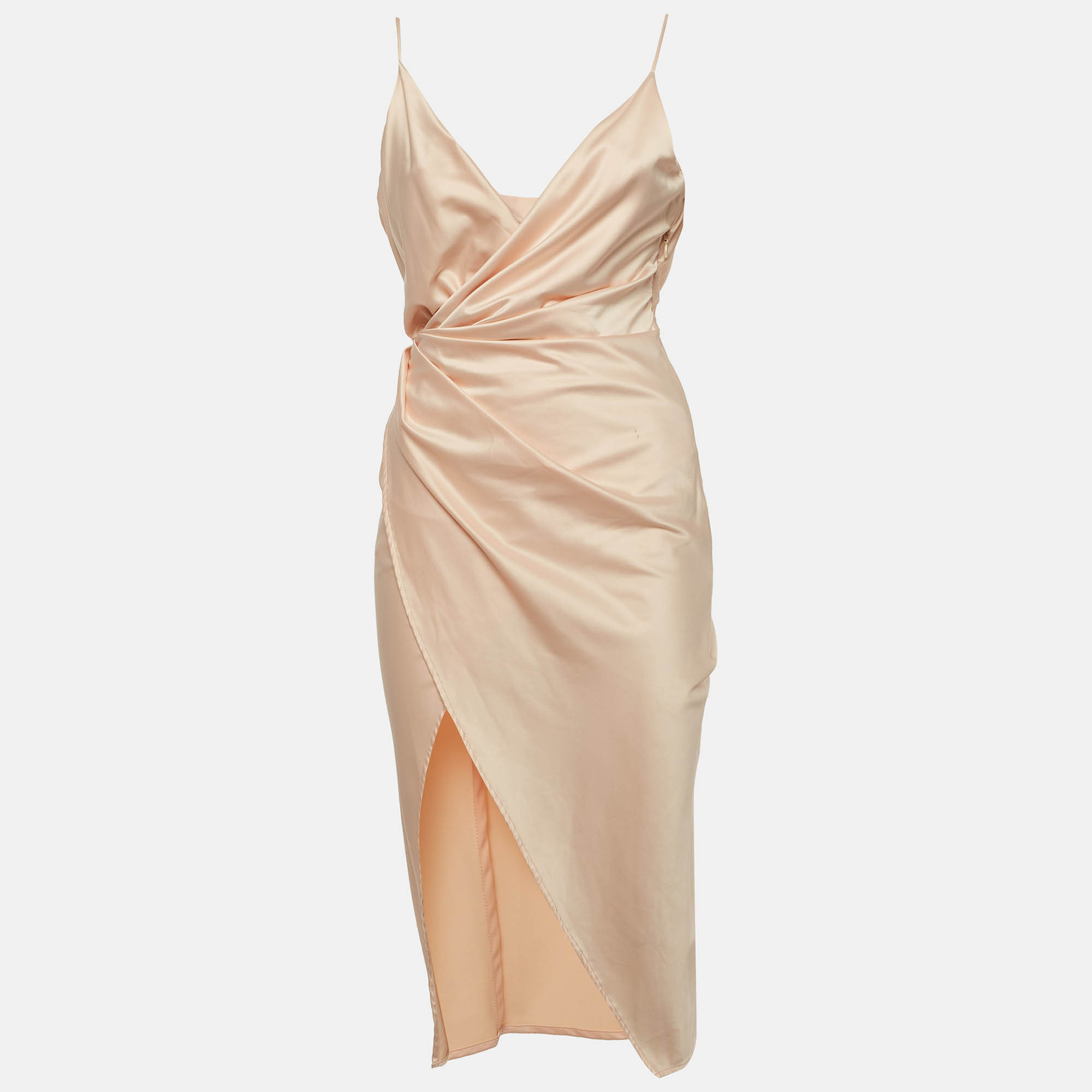 House of CB London Cream Satin Draped Slit Midi Dress