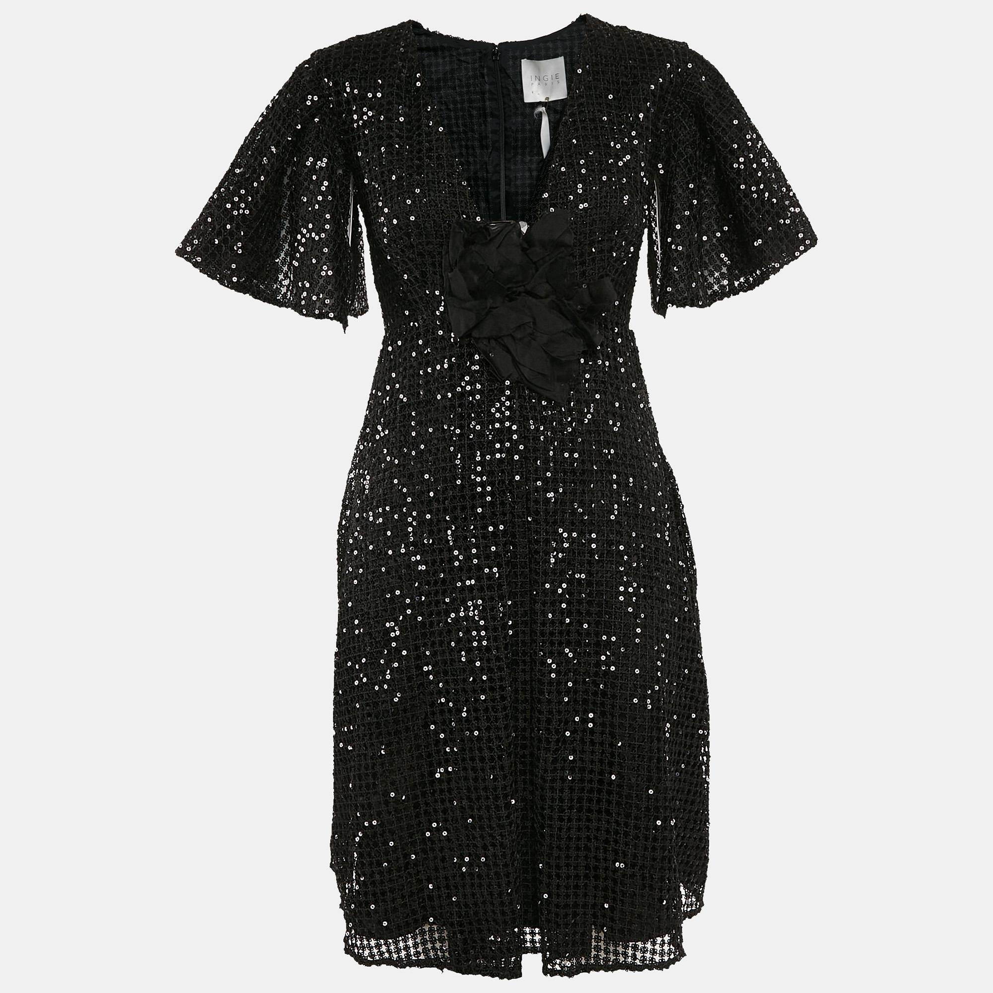 INGIE Paris Black Lace Sequin V-Neck Flared Short Dress