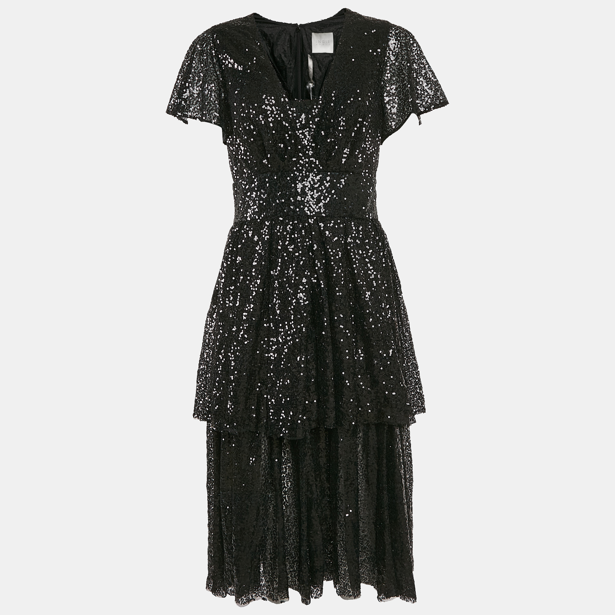 INGIE Paris Black Sequin Layered Tulle Mini Dress