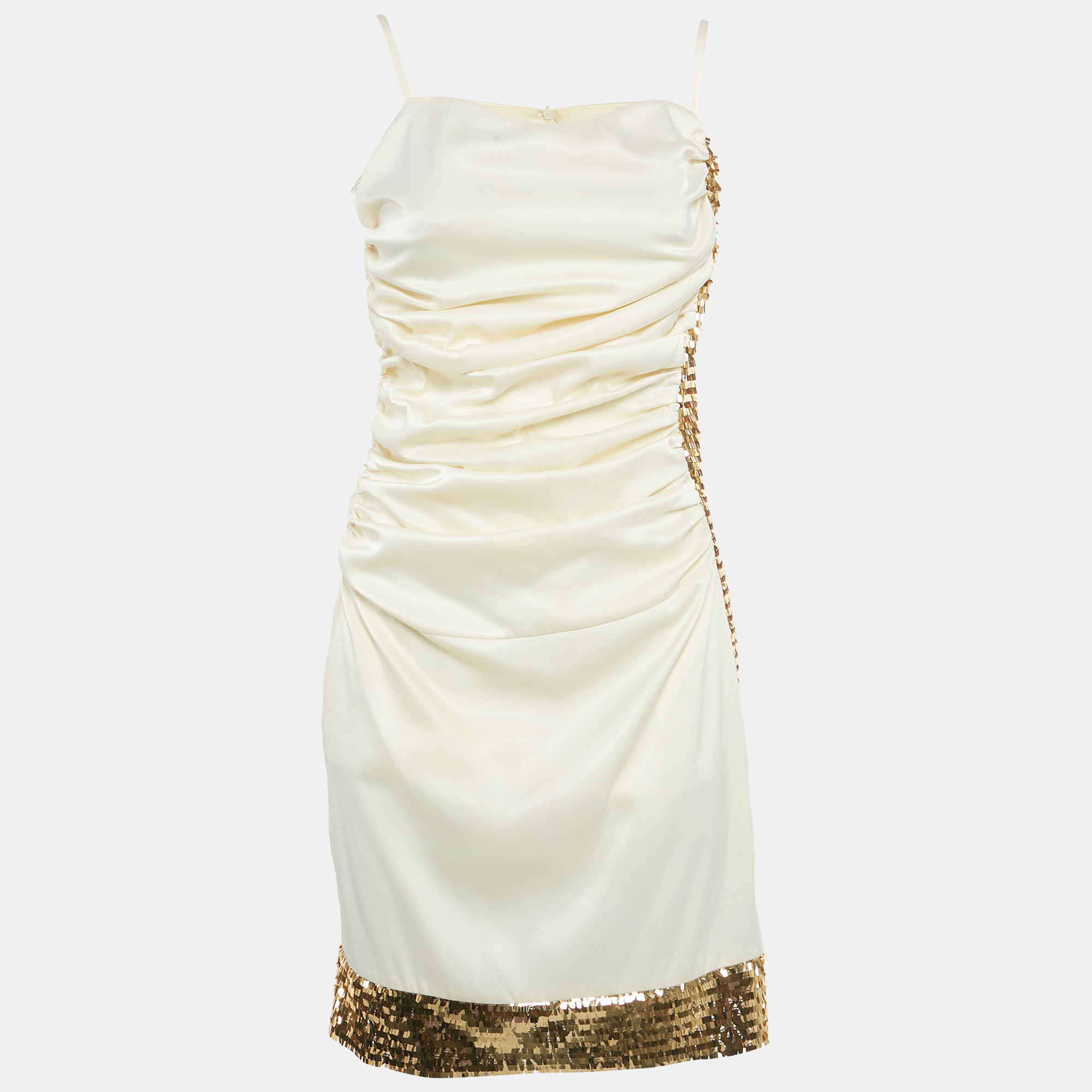 Invito Haute Couture Cream Satin Rushed Sequin Detail Mini Dress