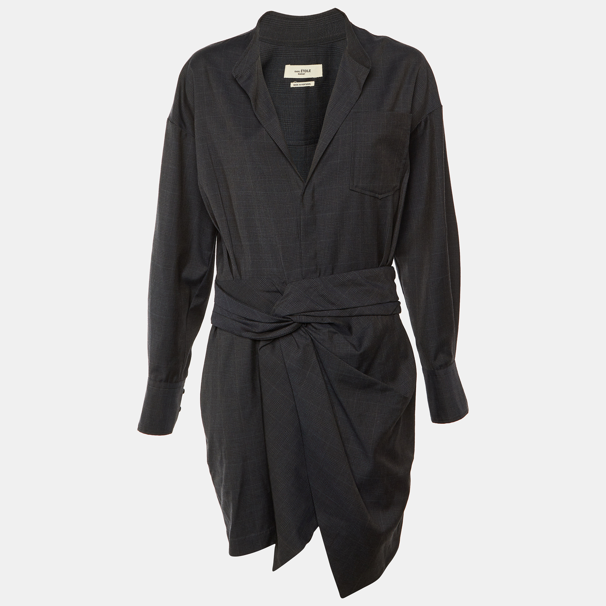 Isabel Marant Etoile Navy Blue Patterned Wool Draped Waist Mini Dress