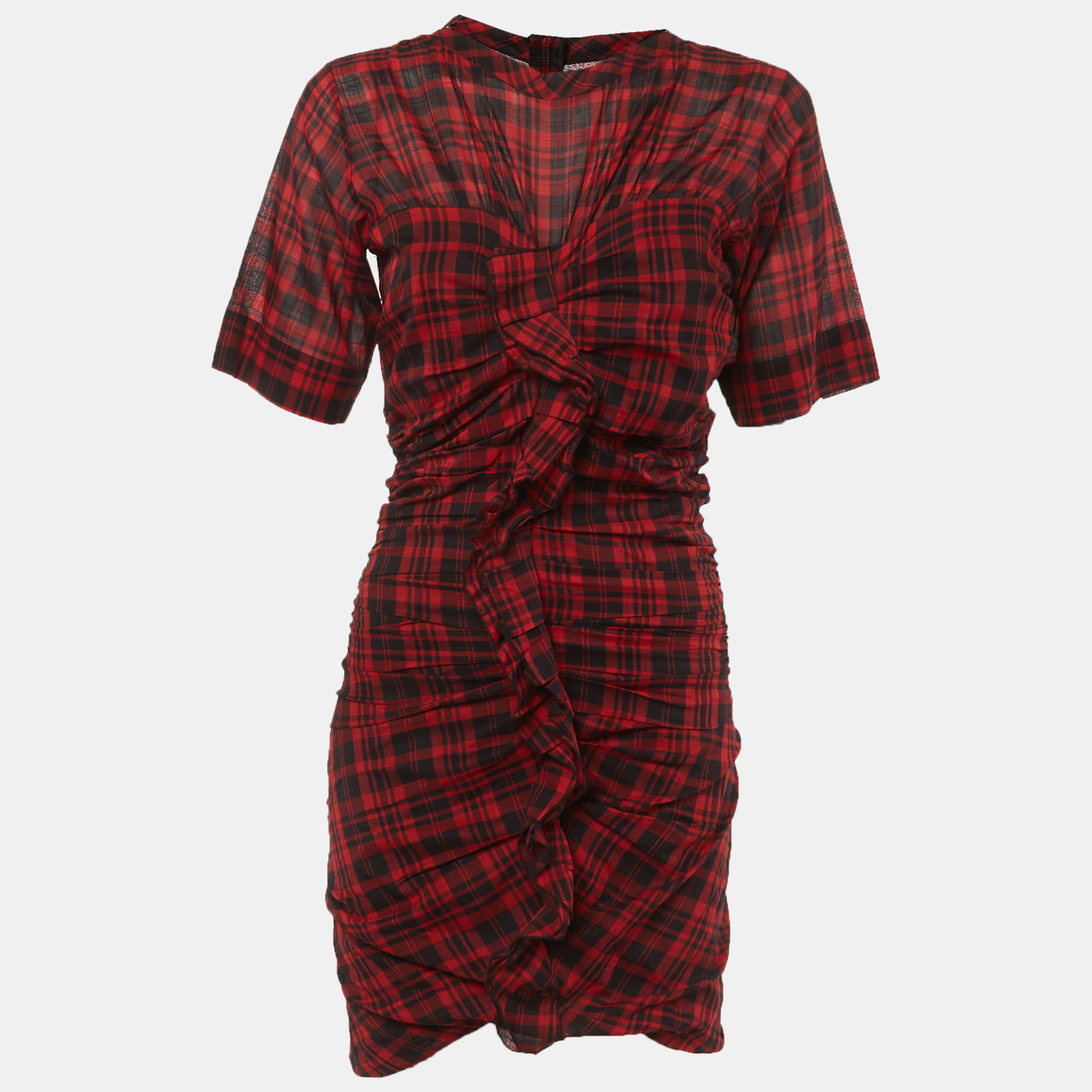 Isabel Marant Etoile Red Plaid Print Cotton Ruched Mini Dress