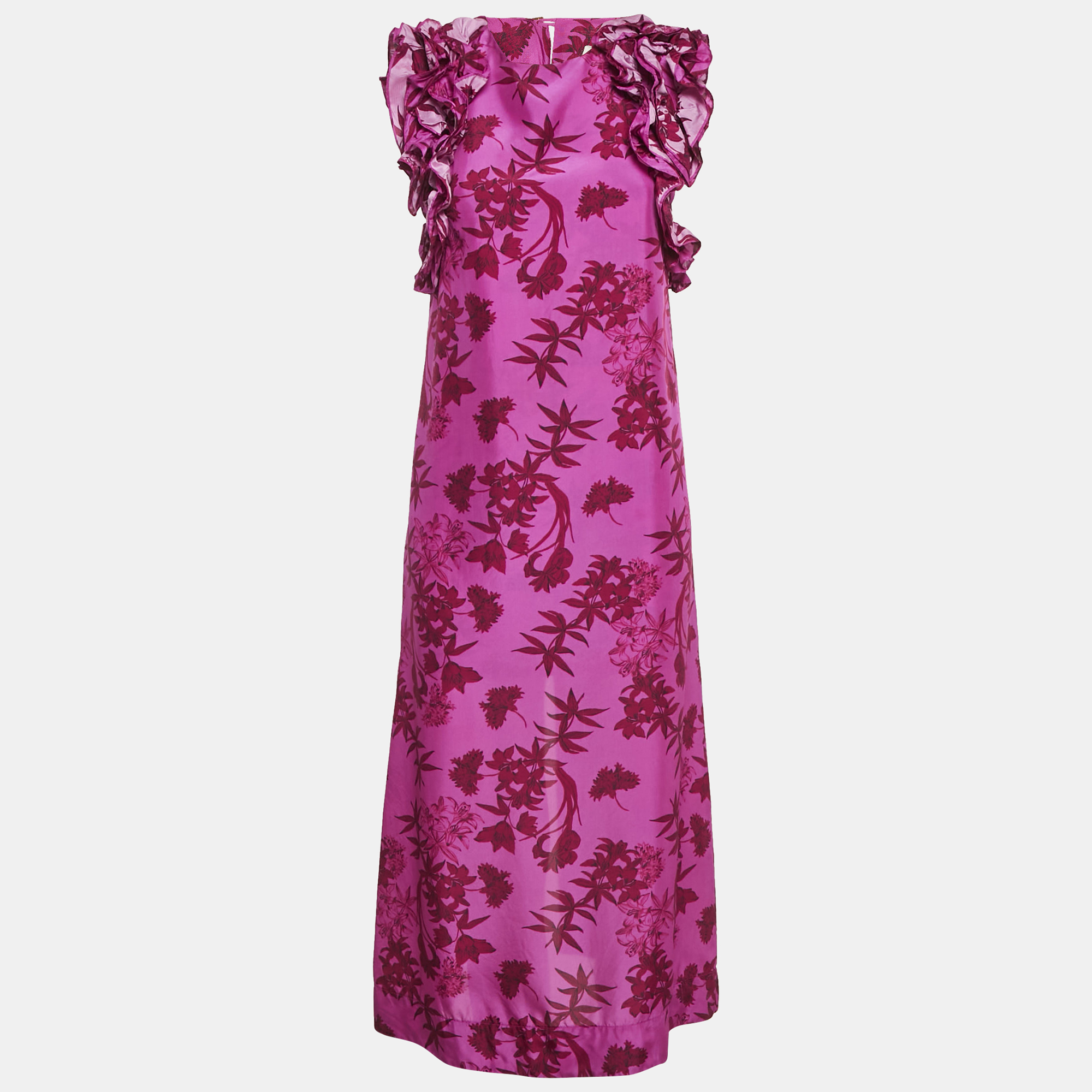 Isla & White Pink Floral Print Silk Ruffle-Sleeve Miray Dress