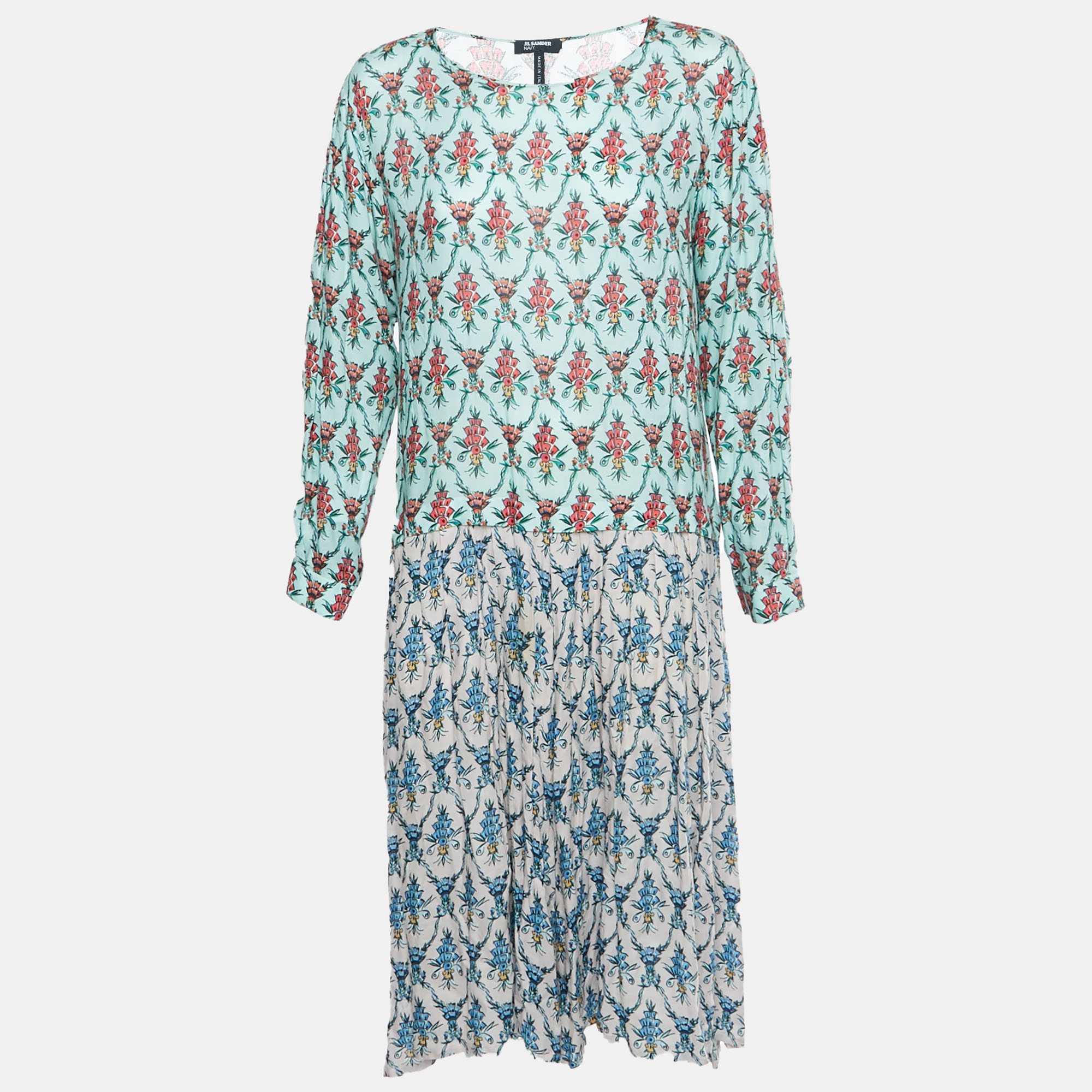 Jil Sander Multicolour Crepe Floral Print Pleated Midi Dress
