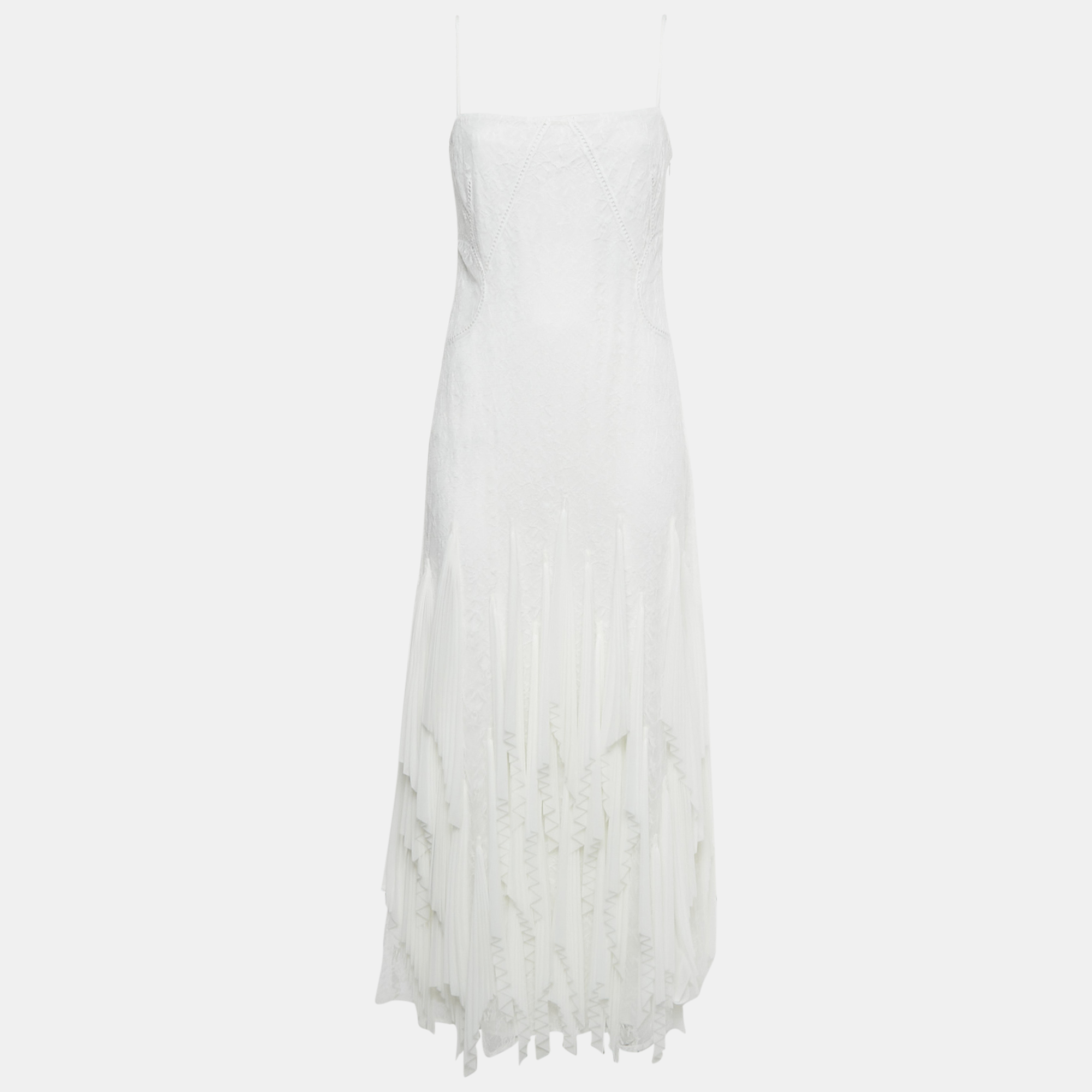 Simkhai White Chiffon Pleated Lace Maxi Dress