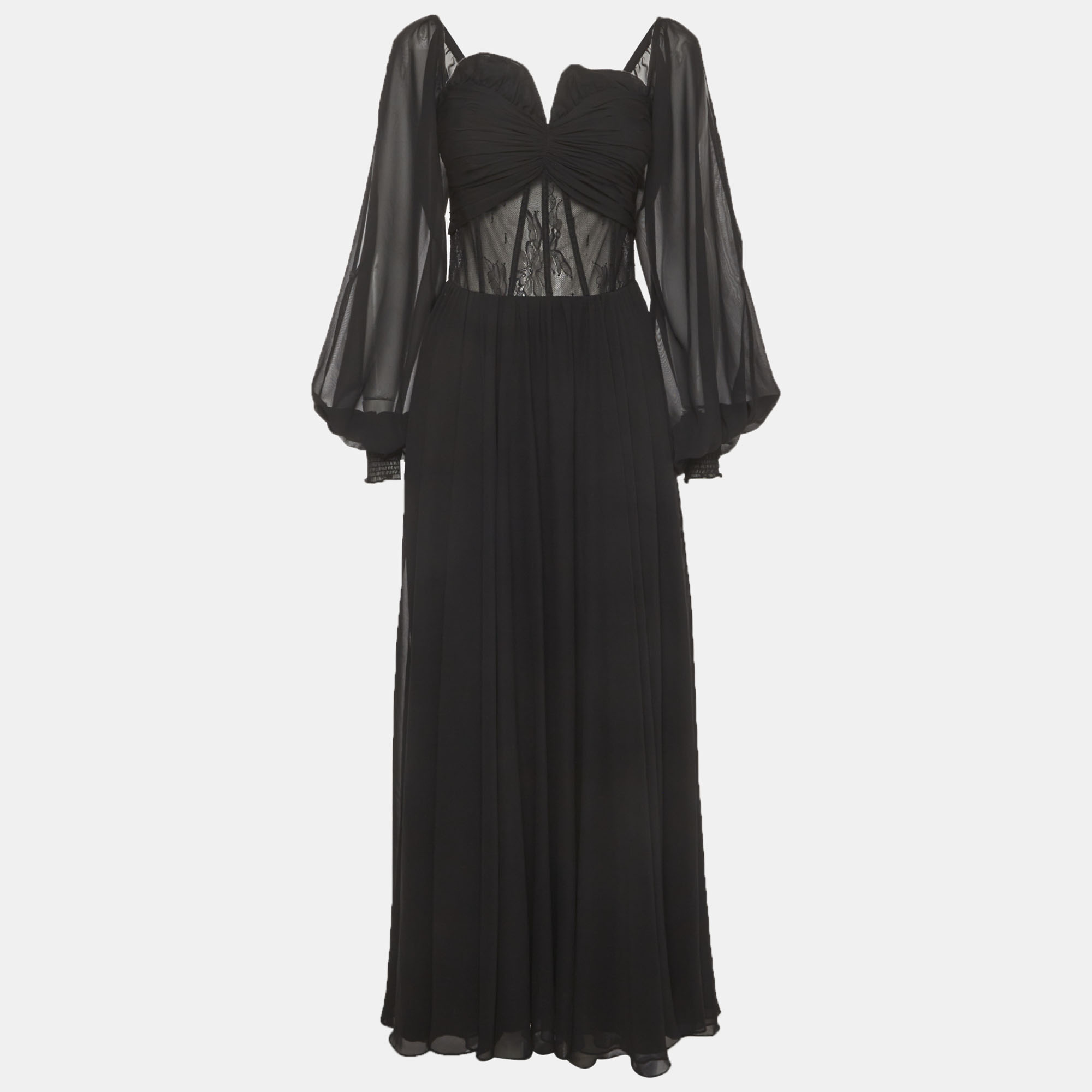 Julea Domani Black Chiffon and Lace Ruched Flared Maxi Dress