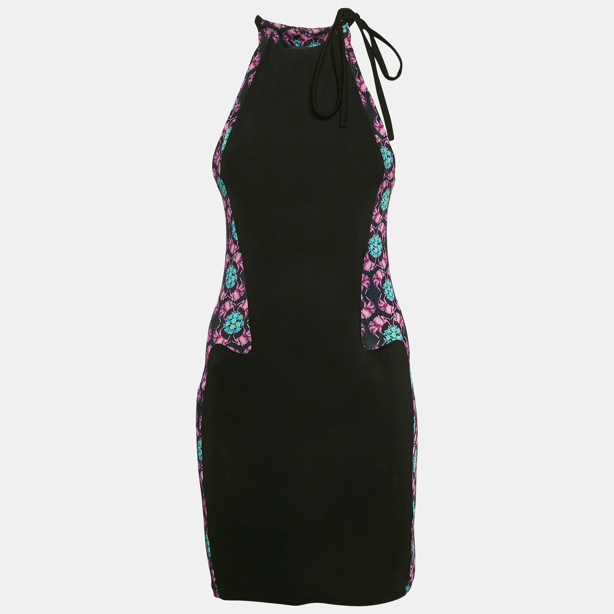 Just Cavalli BlackMulticolor Printed Jersey Halter Neck Midi Dress