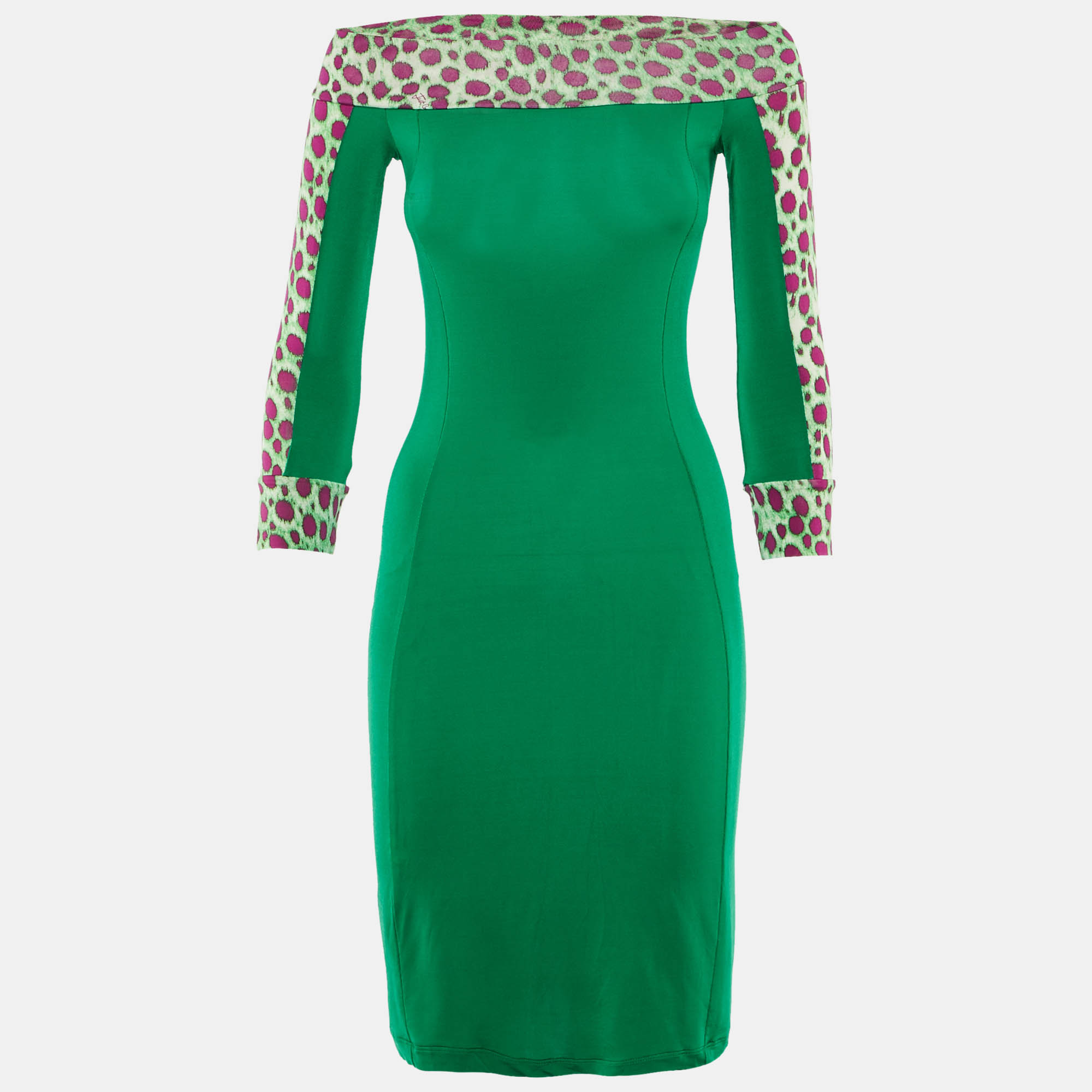 Just Cavalli Green Printed Jersey Off Shoulder Mini Dress