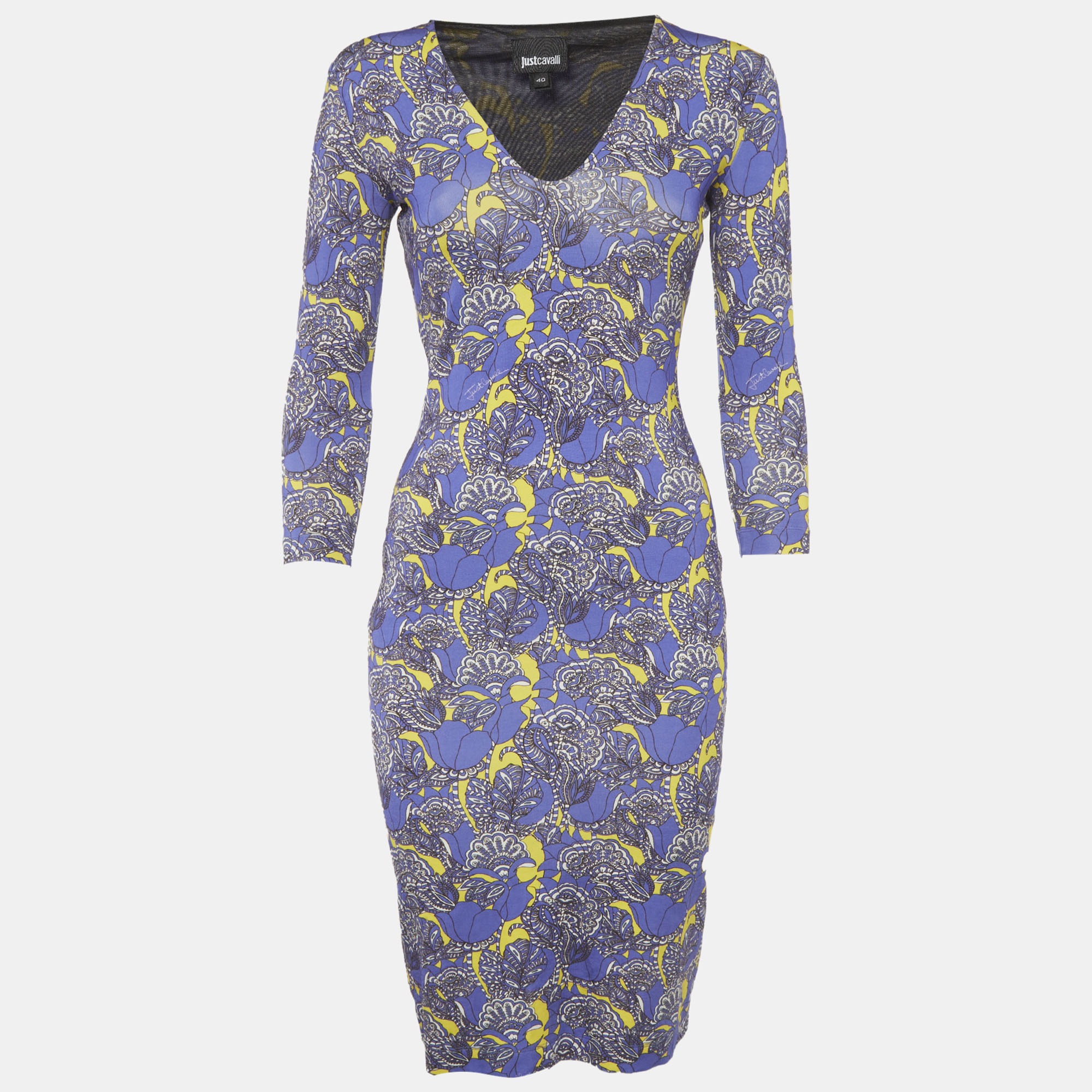 Just Cavalli Purple Floral Print Jersey Midi Dress