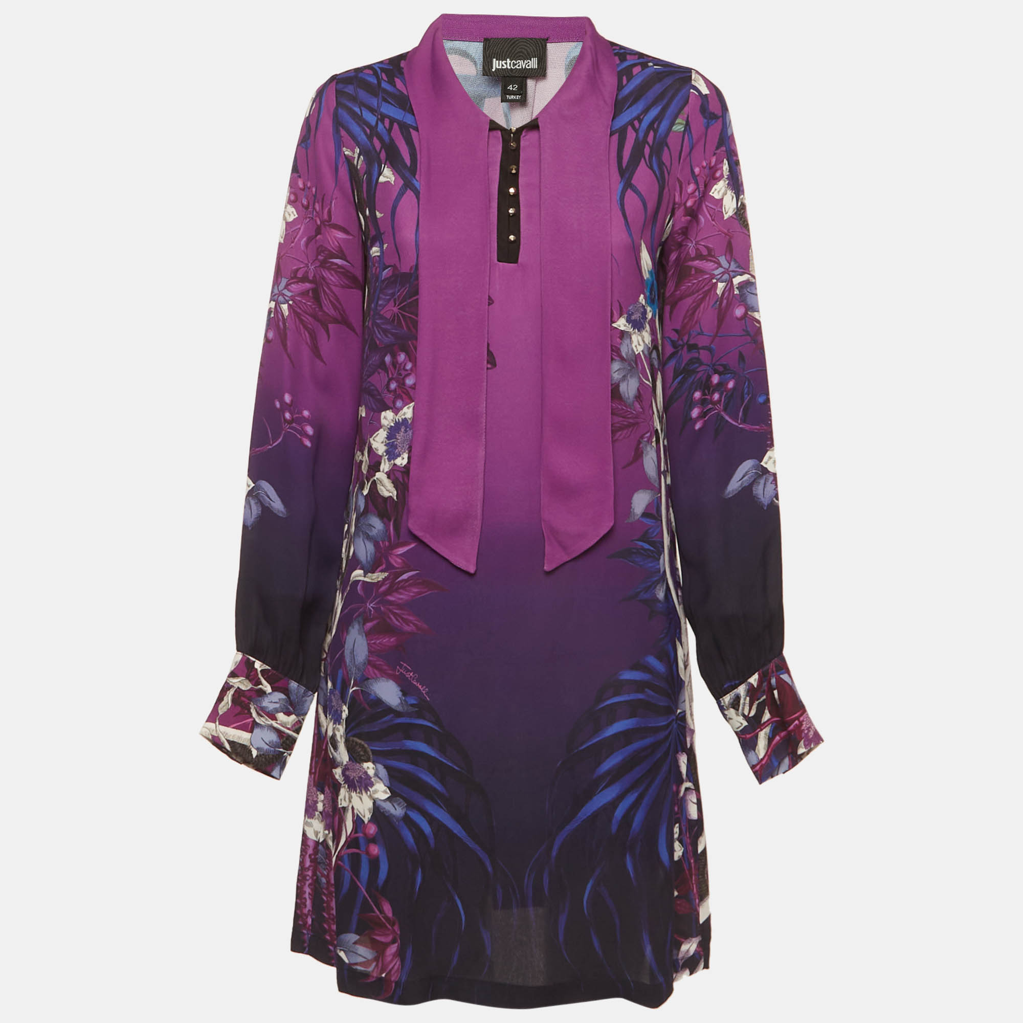 Just Cavalli Purple Printed Crepe Neck Tie Detail Mini Dress