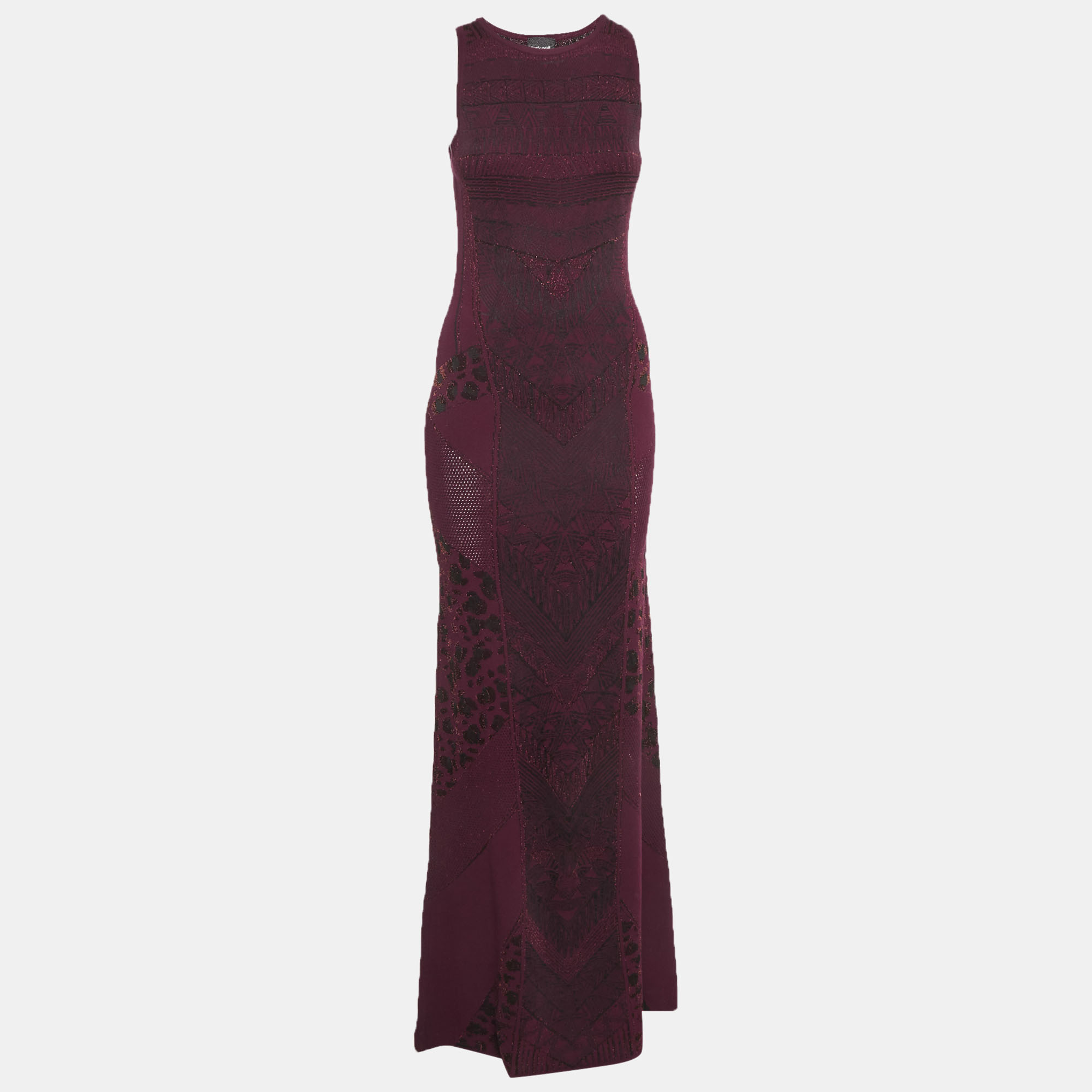 Just Cavalli Burgundy Lurex Stretch Jacquard Maxi Dress