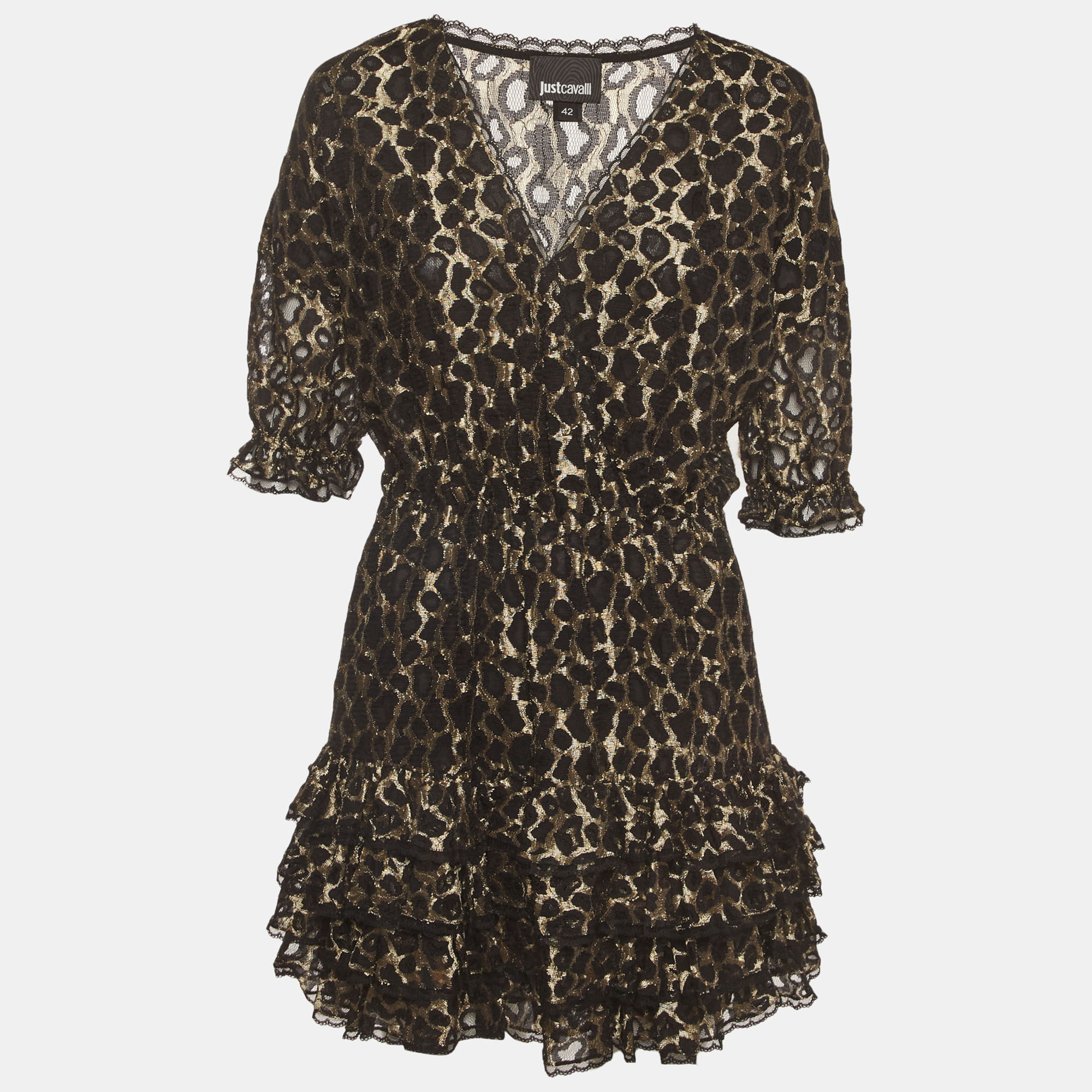 Just Cavalli GoldBlack Leopard Lace Ruffle Mini Dress
