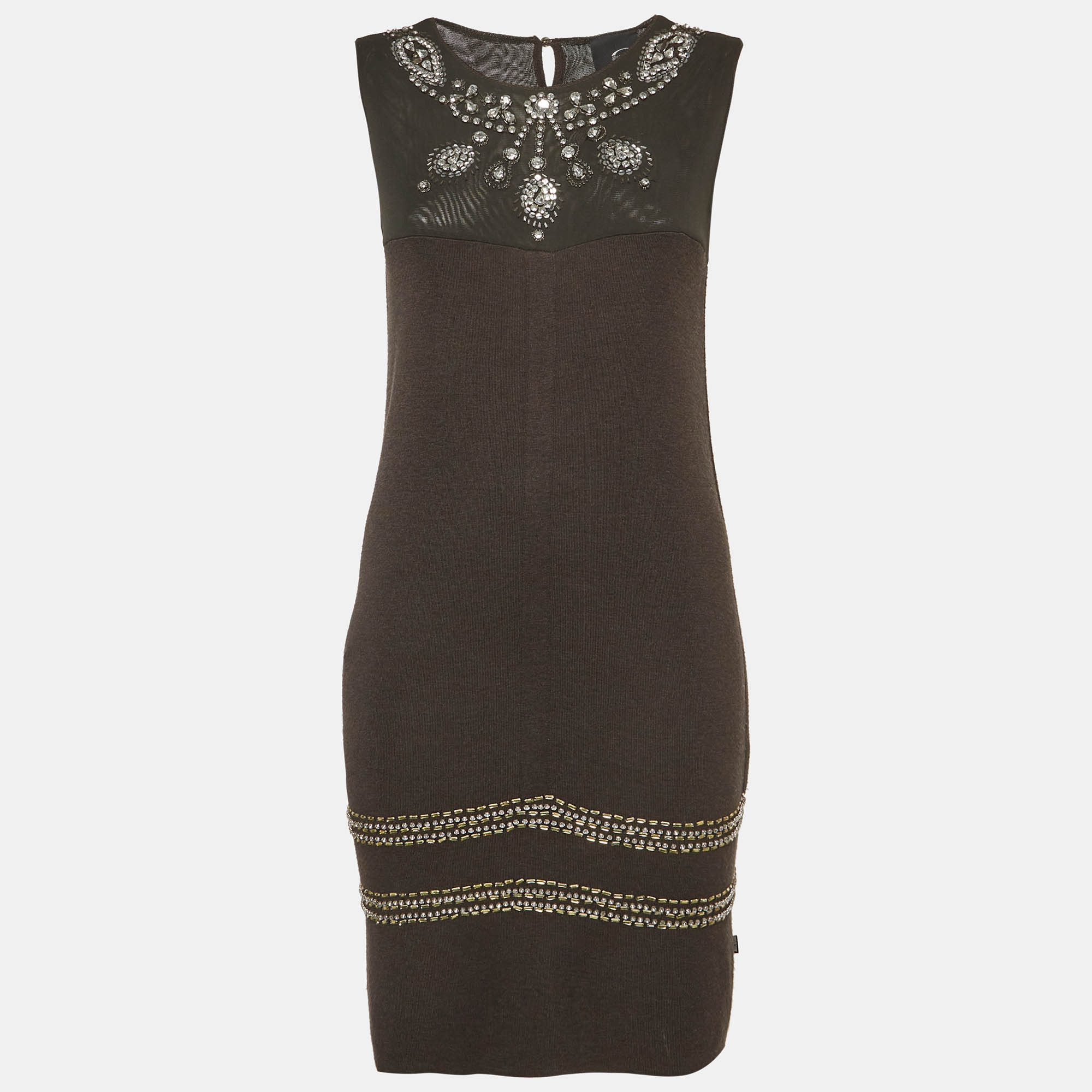 Just Cavalli Charcoal Black Knit and Mesh Embellished Midi Dress