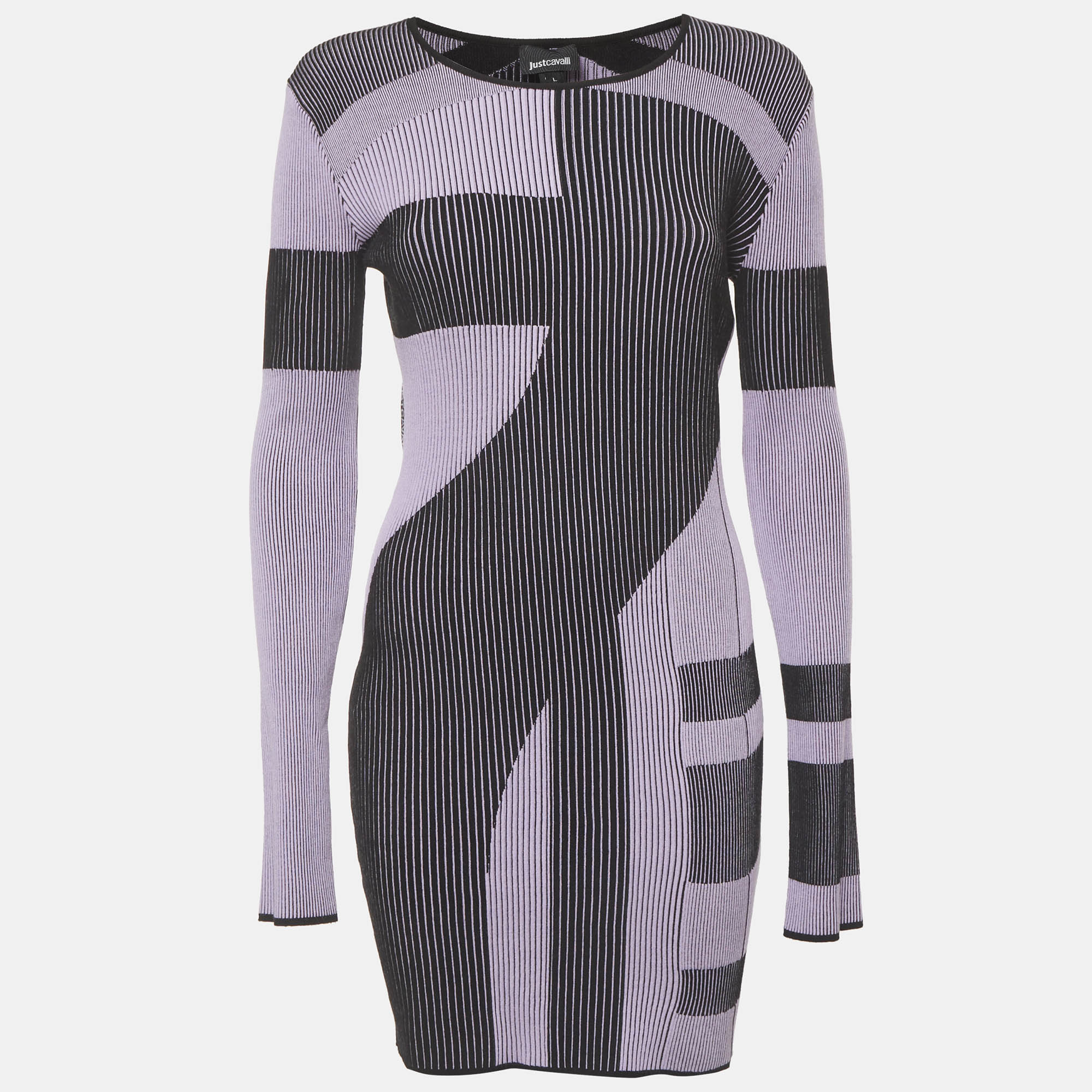 Just Cavalli BlackLilac Patterned Rib Knit Mini Dress