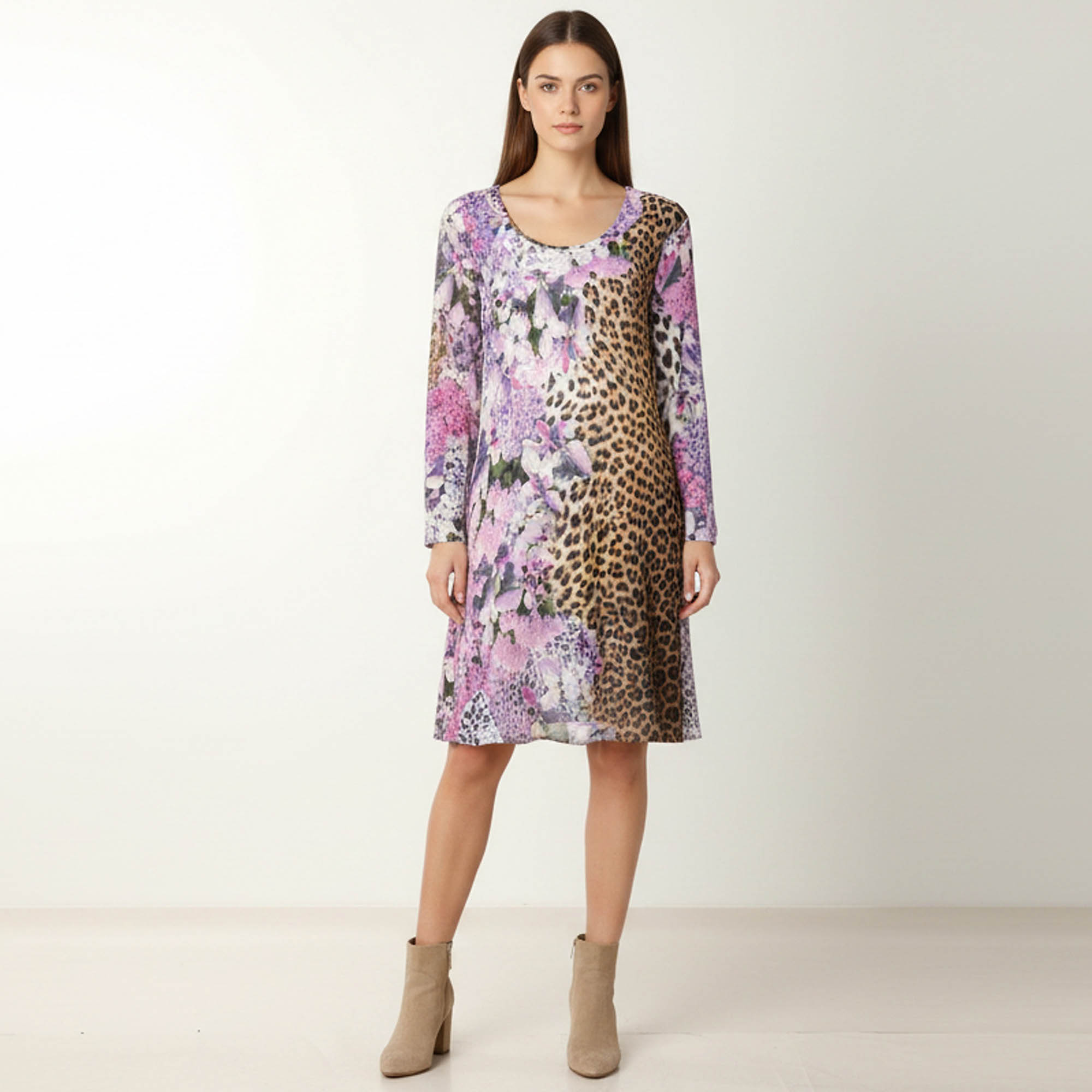 Just Cavalli Multicolor Floral and Leopard Printed Jersey Midi Dress