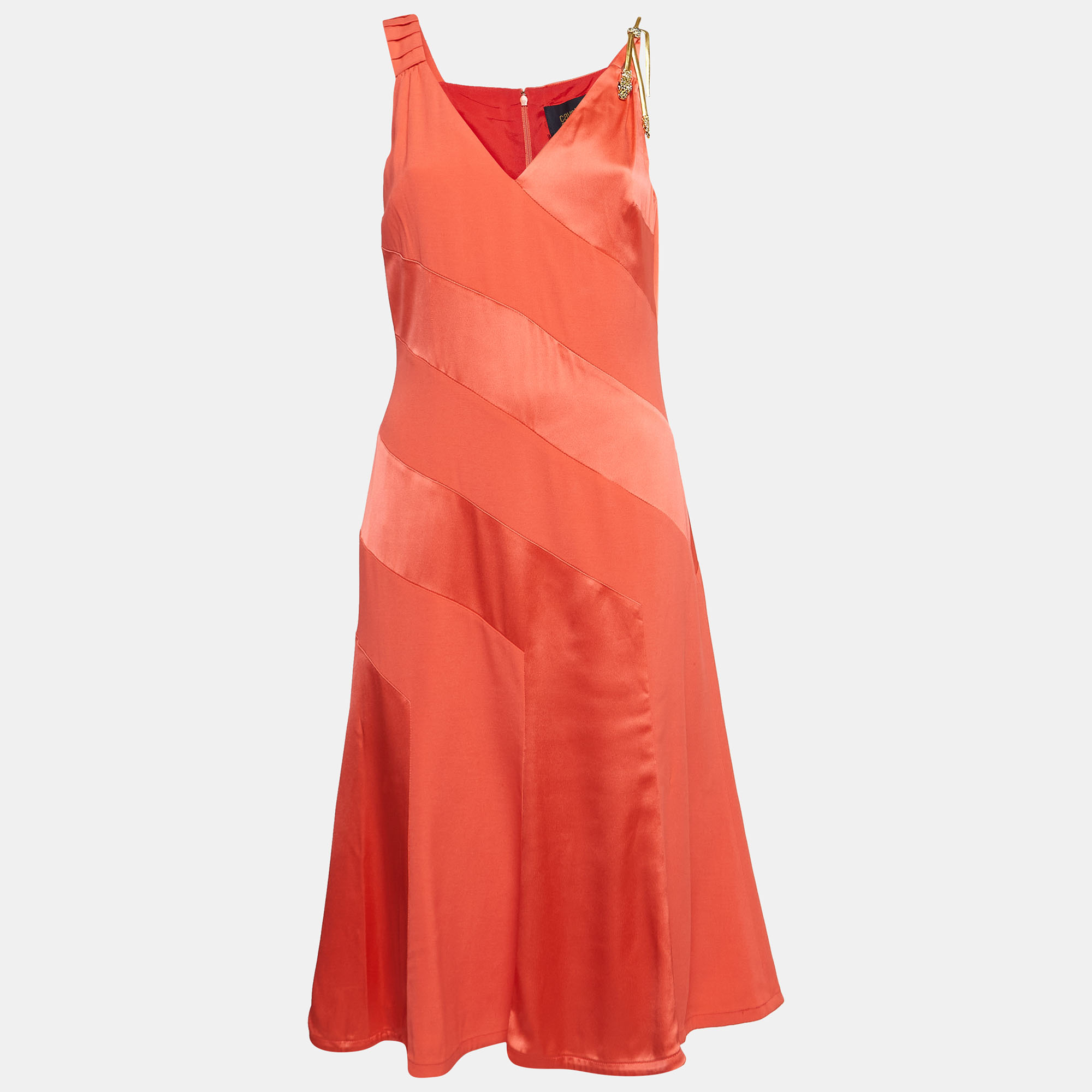 Class by Roberto Cavalli Red Crepe and Satin Snake Embellished Panelled Midi Dress