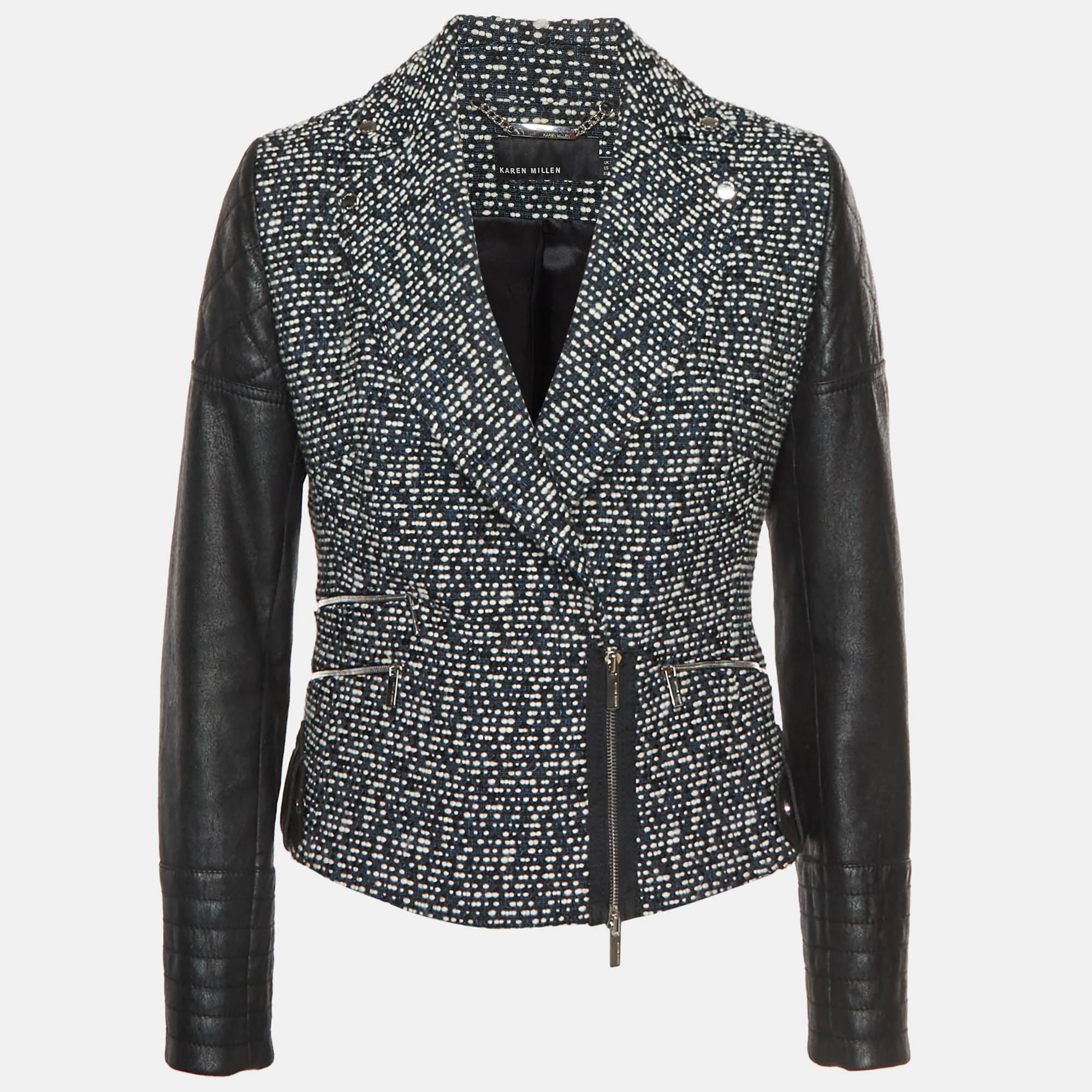 Karen Millen Black Tweed and Leather Biker Jacket