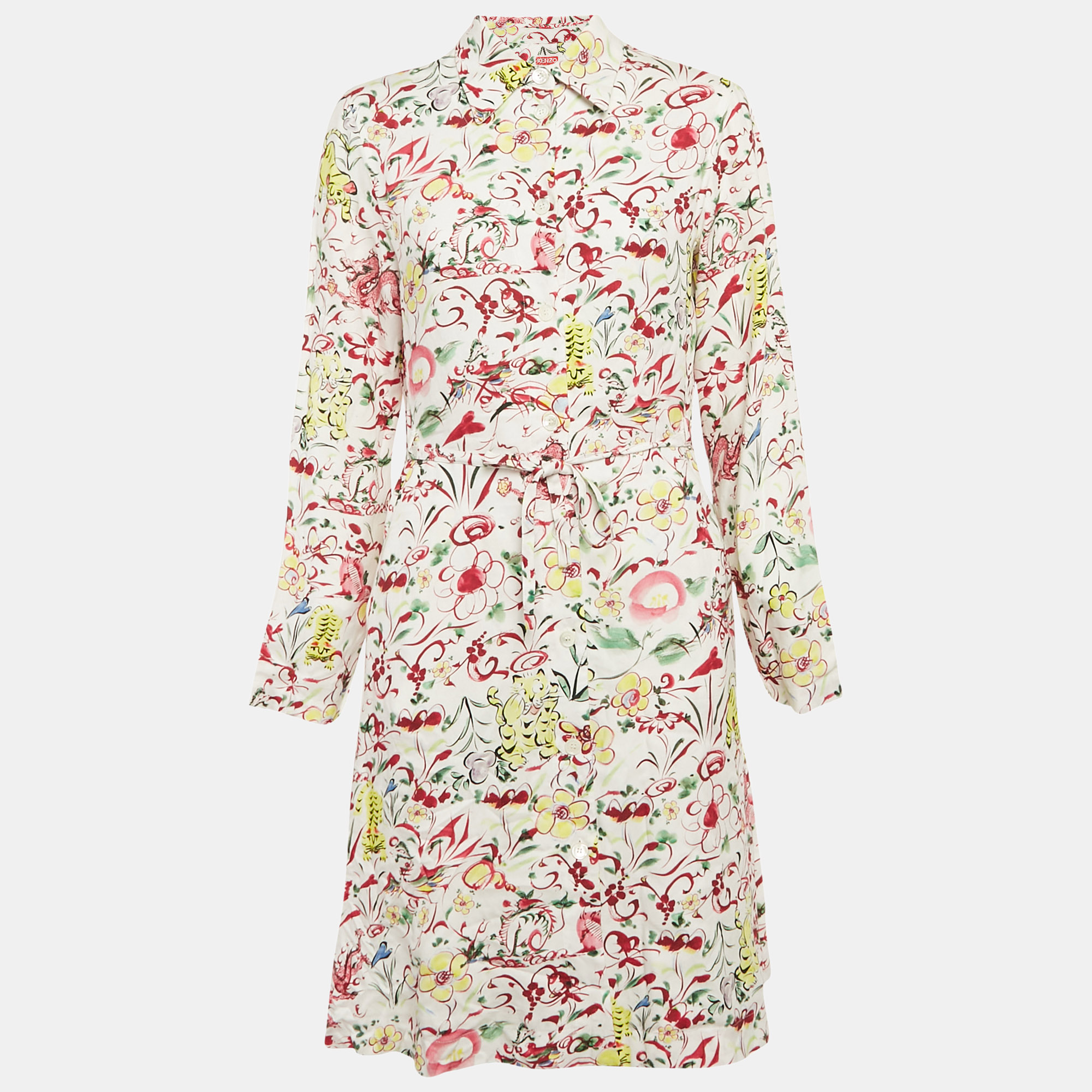 Kenzo White Printed Viscose Button Front Belted Dress