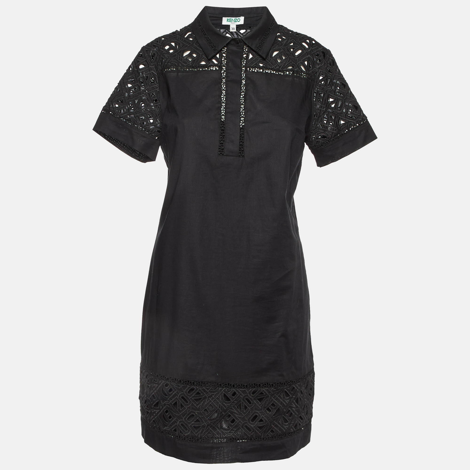 Kenzo Black Cotton Poplin Lace Detailed Short Sleeve Dress