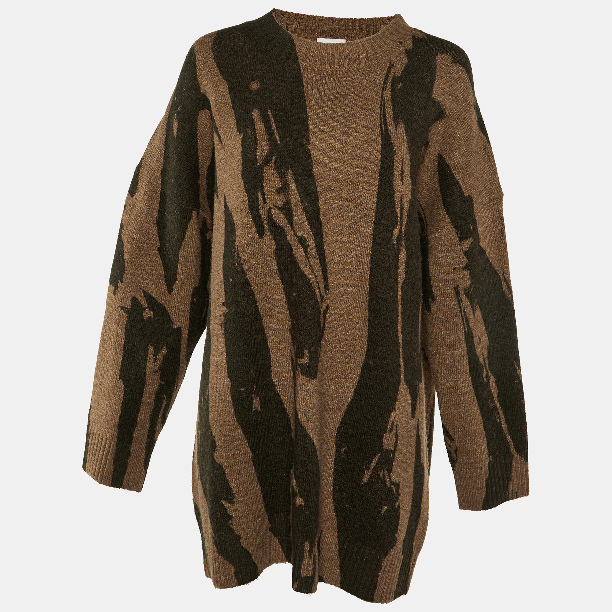 Kenzo Brown Pattern Knit Crewneck Sweater Dress