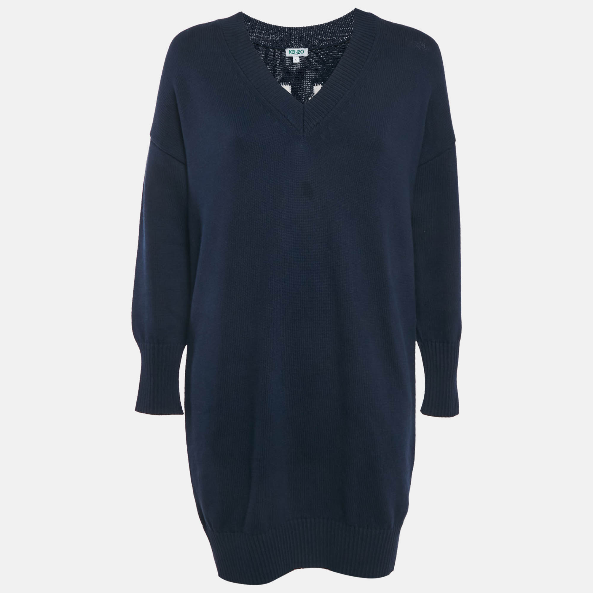 Kenzo Navy Blue Logo Intarsia Rib Knit Mini Sweater Dress