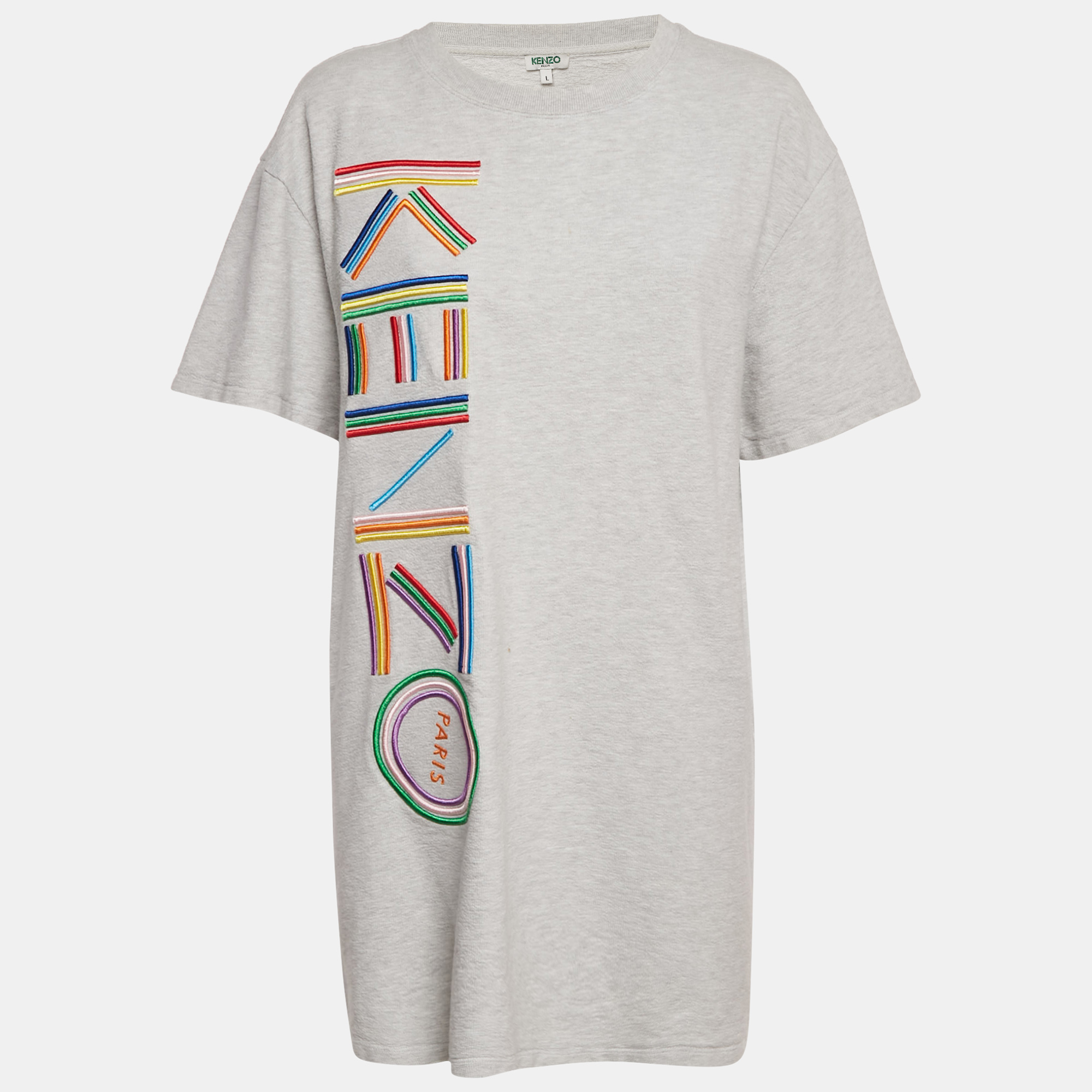 Kenzo Grey Logo Embroidered Cotton Knit Mini Dress