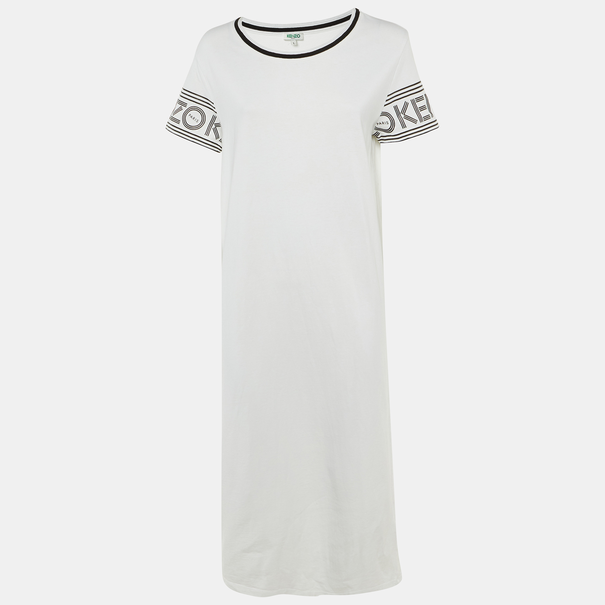 Kenzo White Logo Print Cotton Midi Dress