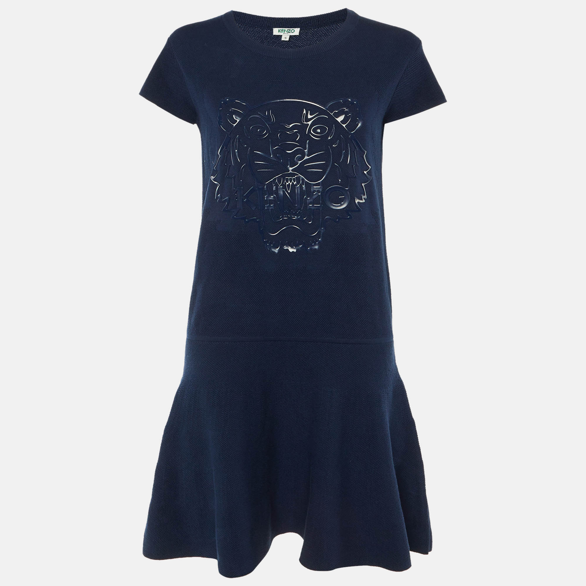 Kenzo Navy Blue Cotton Knit Tiger Head Applique Short Dress