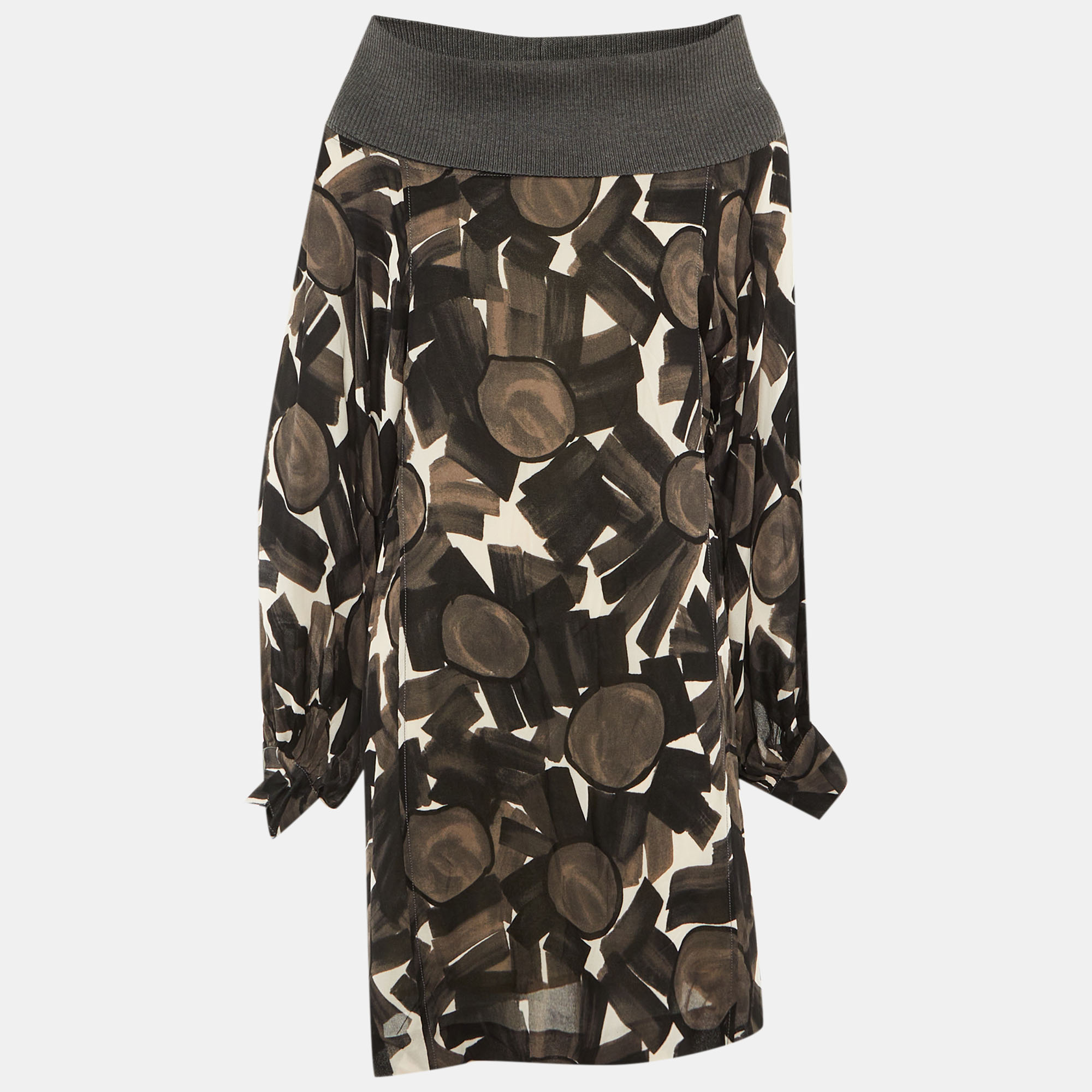 Kenzo Brown Black Printed Crepe High Neck Mini Dress