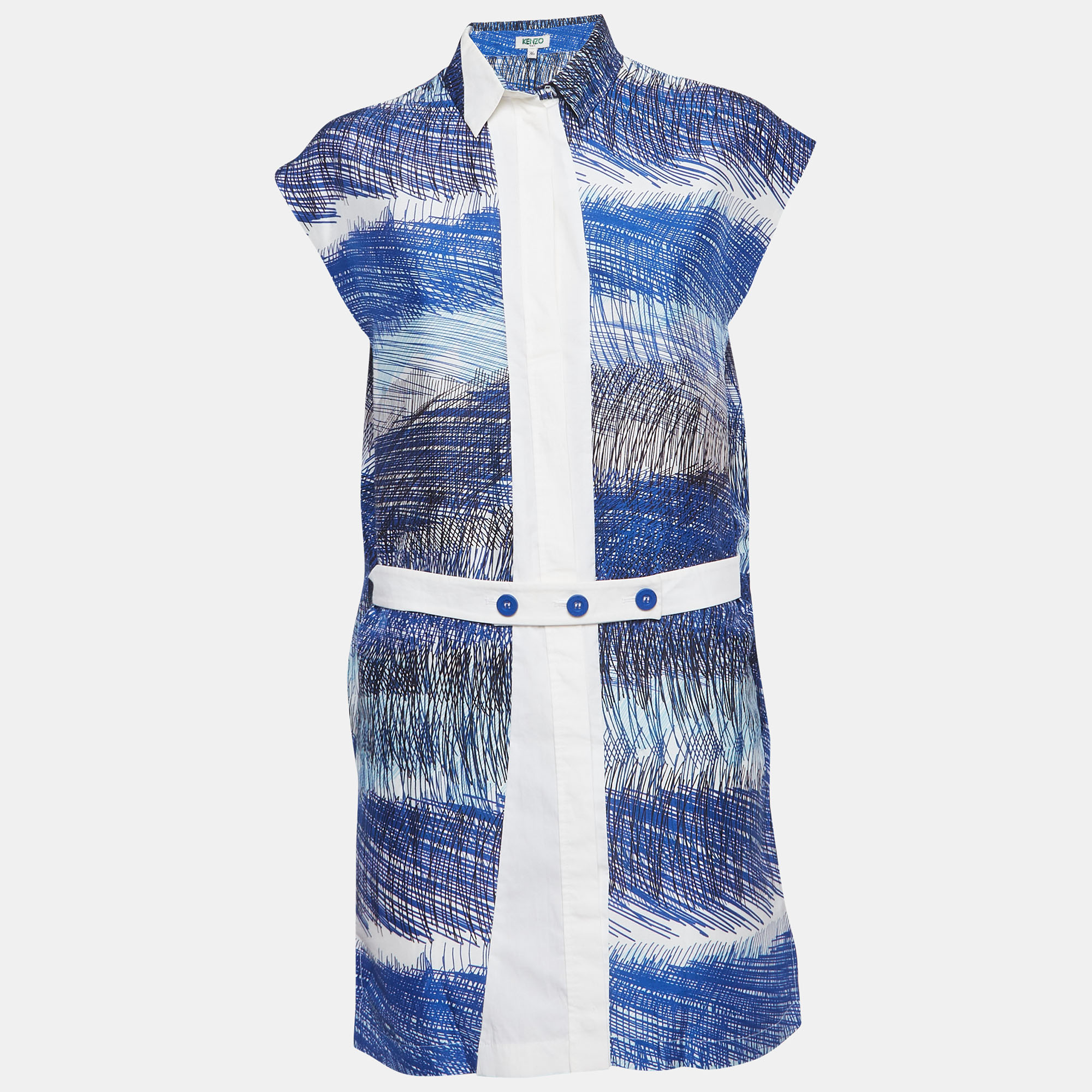 Kenzo Blue Abstract Print Chiffon Mini Shirt Dress