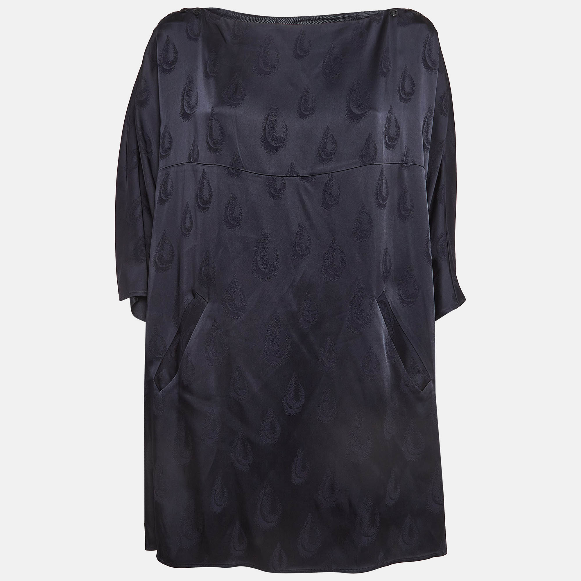 Kenzo Navy Blue Patterned Satin Loose Fit Mini Dress