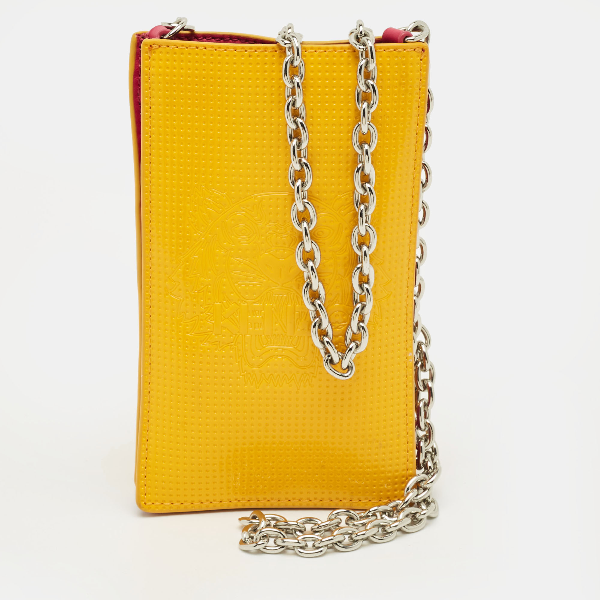 Kenzo YellowPink Tiger Embossed Patent Leather Phone Crossbody Bag