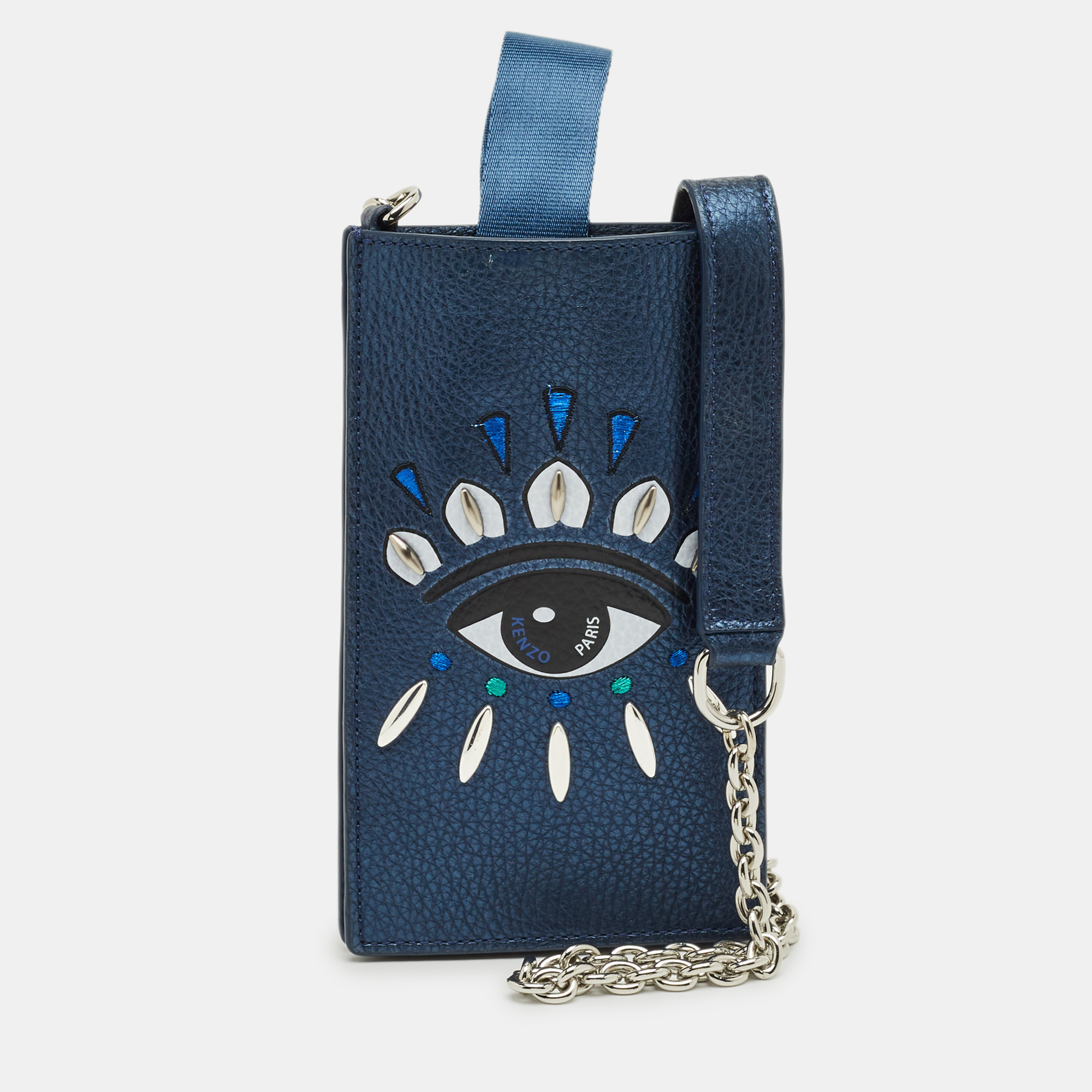 Kenzo Metallic Blue Leather Eye Studded Phone Crossbody Bag