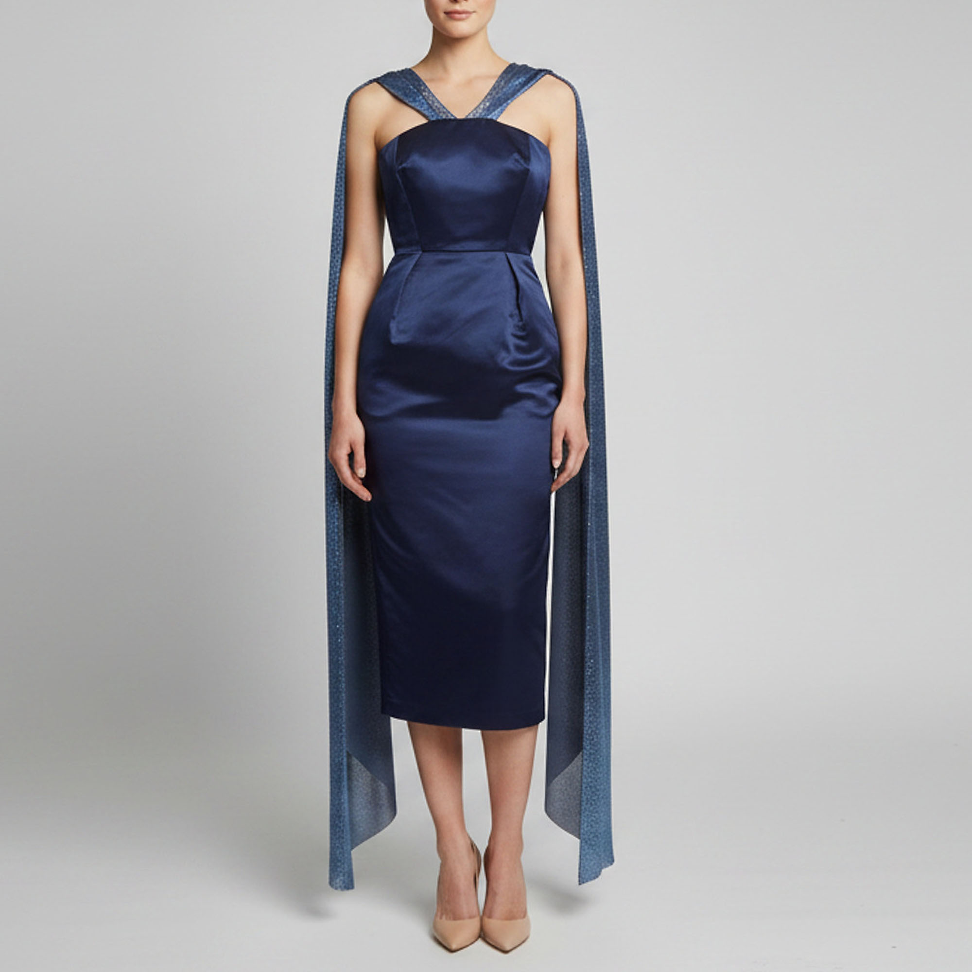 Khoon Hooi Blue Metallic Satin and Lurex Midi Cocktail Dress