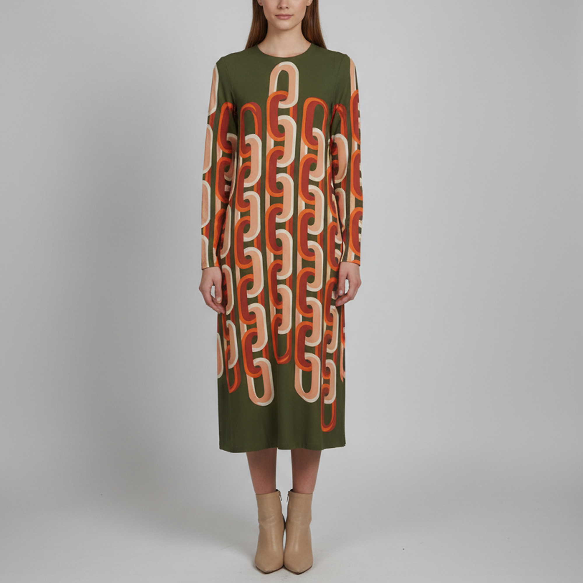 La DoubleJ Green Prometheus Placcée Print Crepe Midi Swing Dress