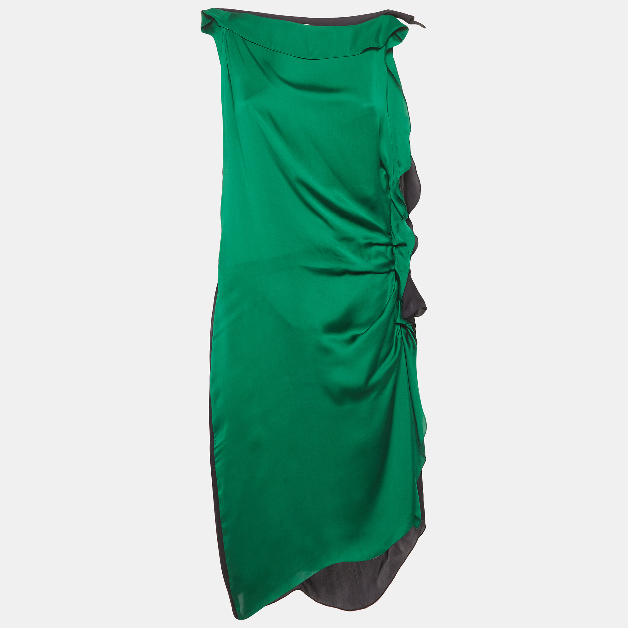 Lanvin GreenBlack Silk Ruffle Midi Dress