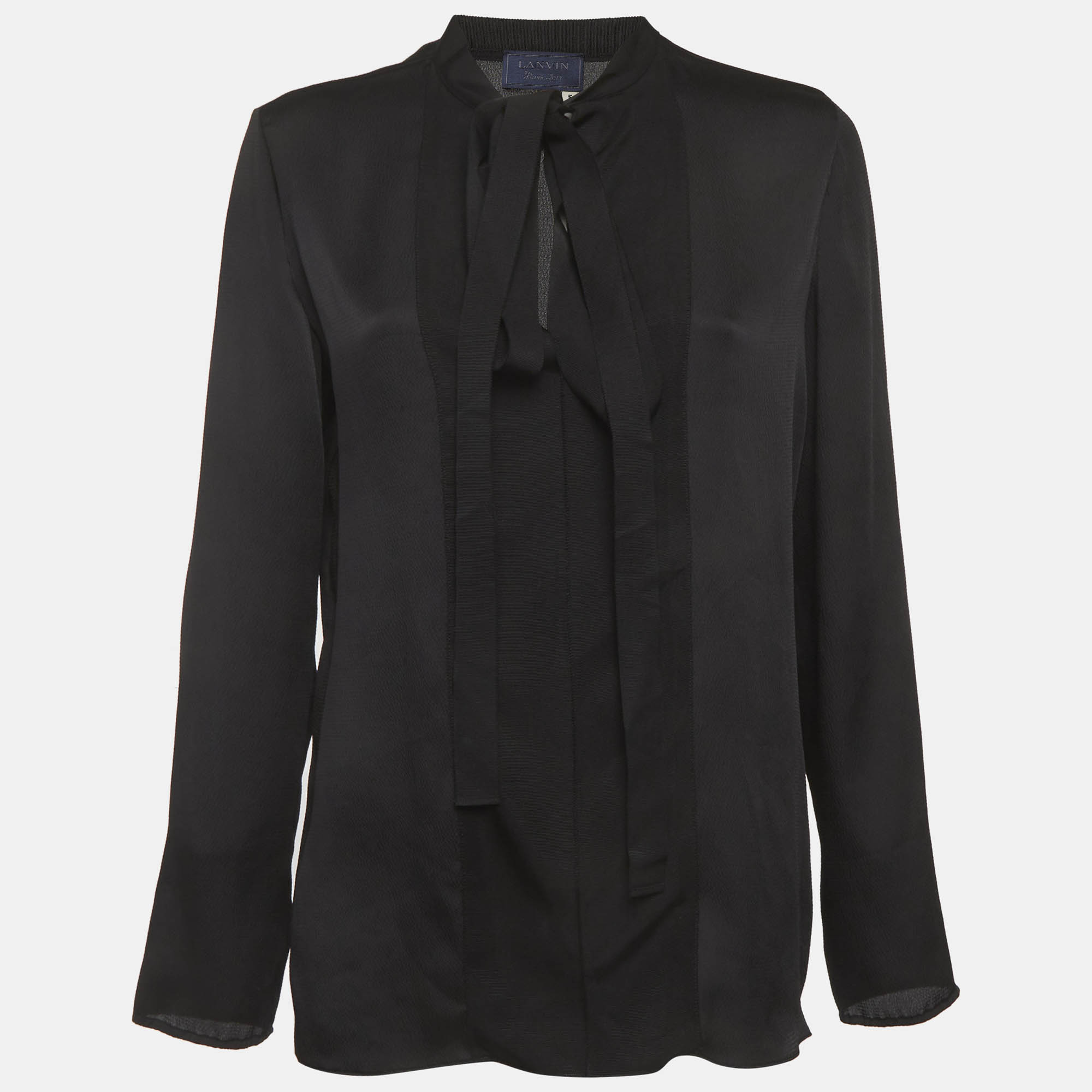 Lanvin Black Crinkle Satin Ribbon Neck Tie Up Blouse