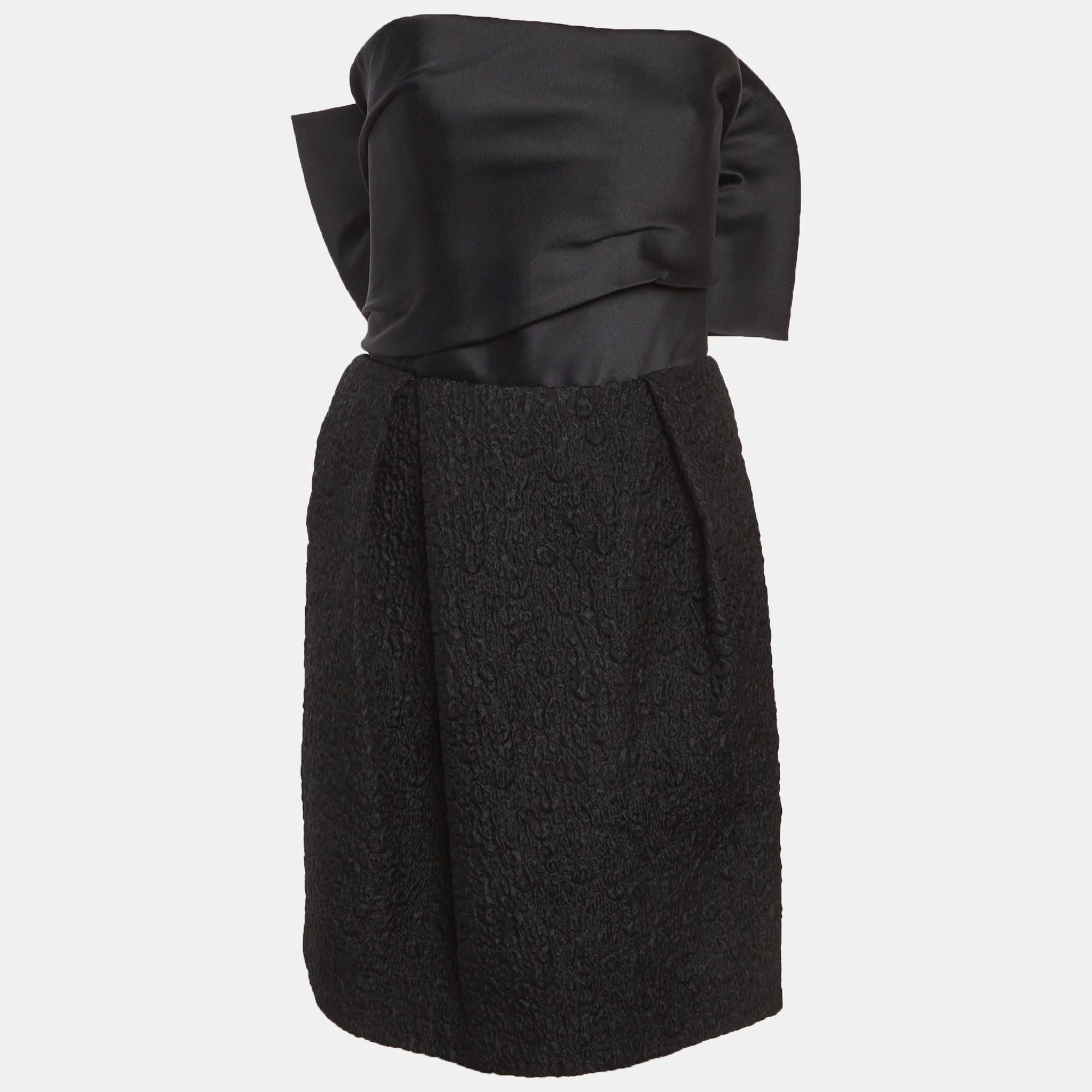 Lanvin Black Satin and Textured Jacquard Bow Detail Strapless Mini Dress